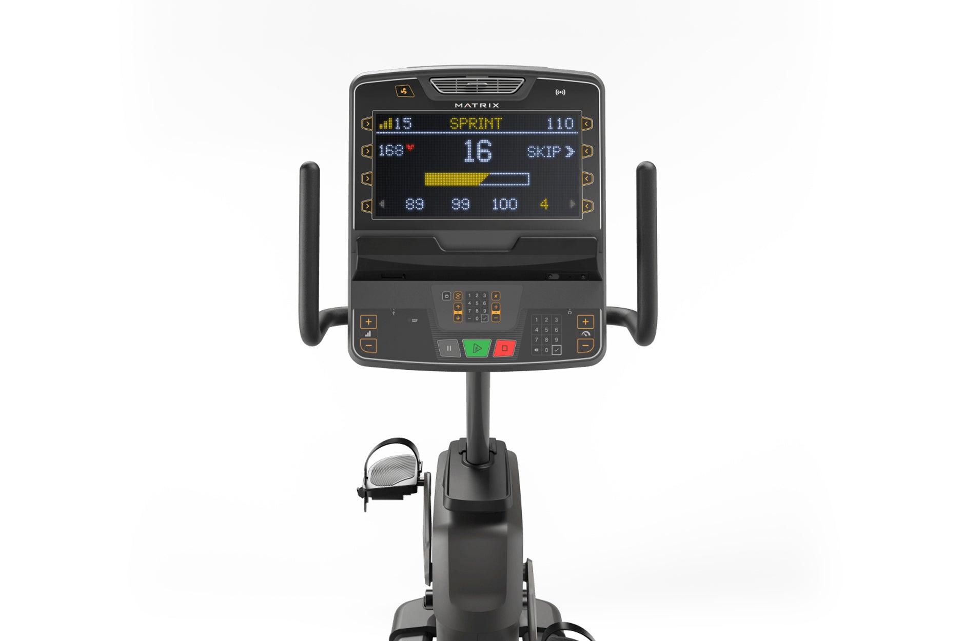 Matrix Lifestyle Recumbent Cycle with digital display showing sprint metrics, black frame with dual handles, on white backgro