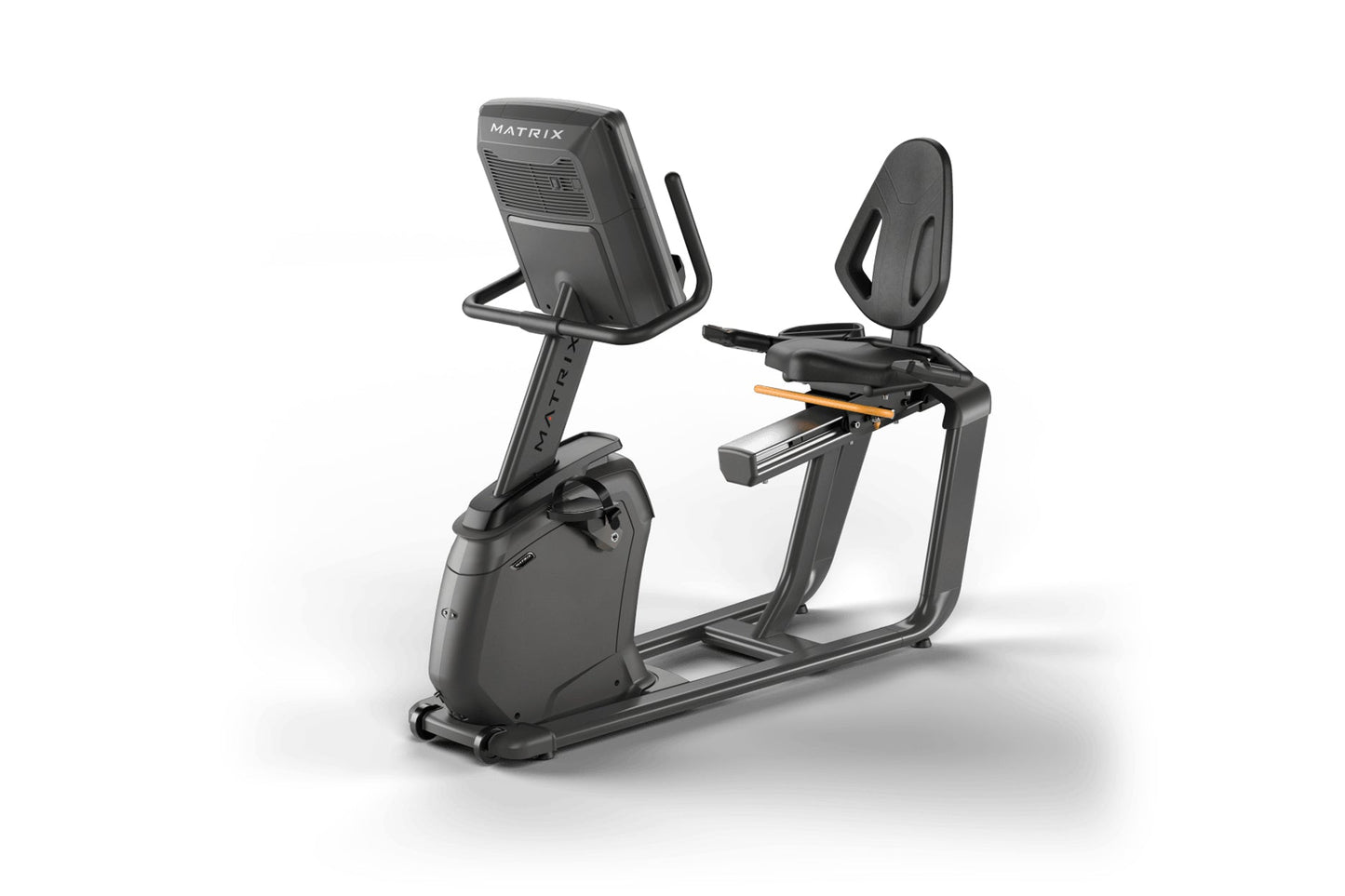 Matrix black recumbent exercise bike with digital display, orange resistance handle, and padded seat on white background