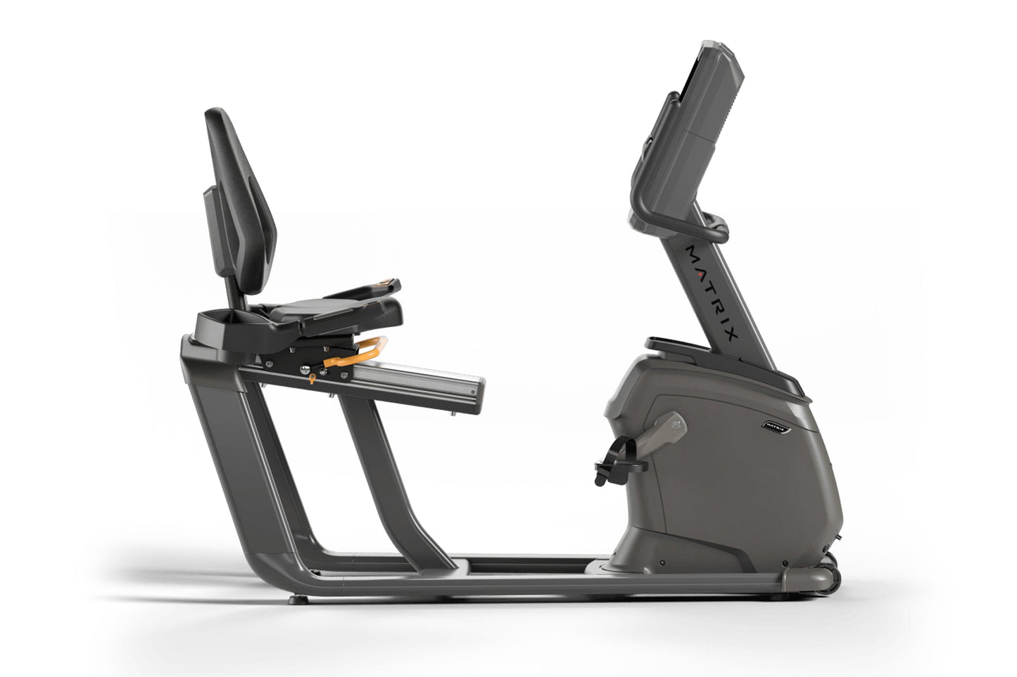Matrix Lifestyle dark gray recumbent exercise bike with padded seat, adjustable backrest, and digital display on white backgr