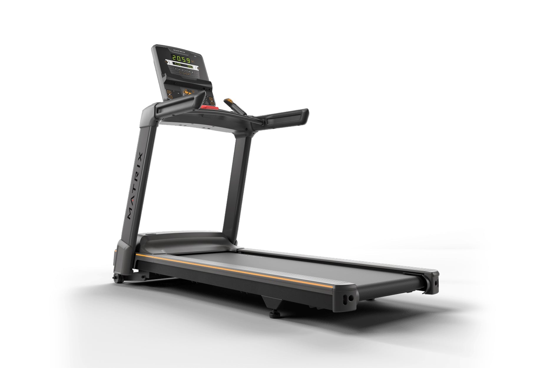 Black motorized treadmill with digital display console, orange accent stripe, and handrails on white background