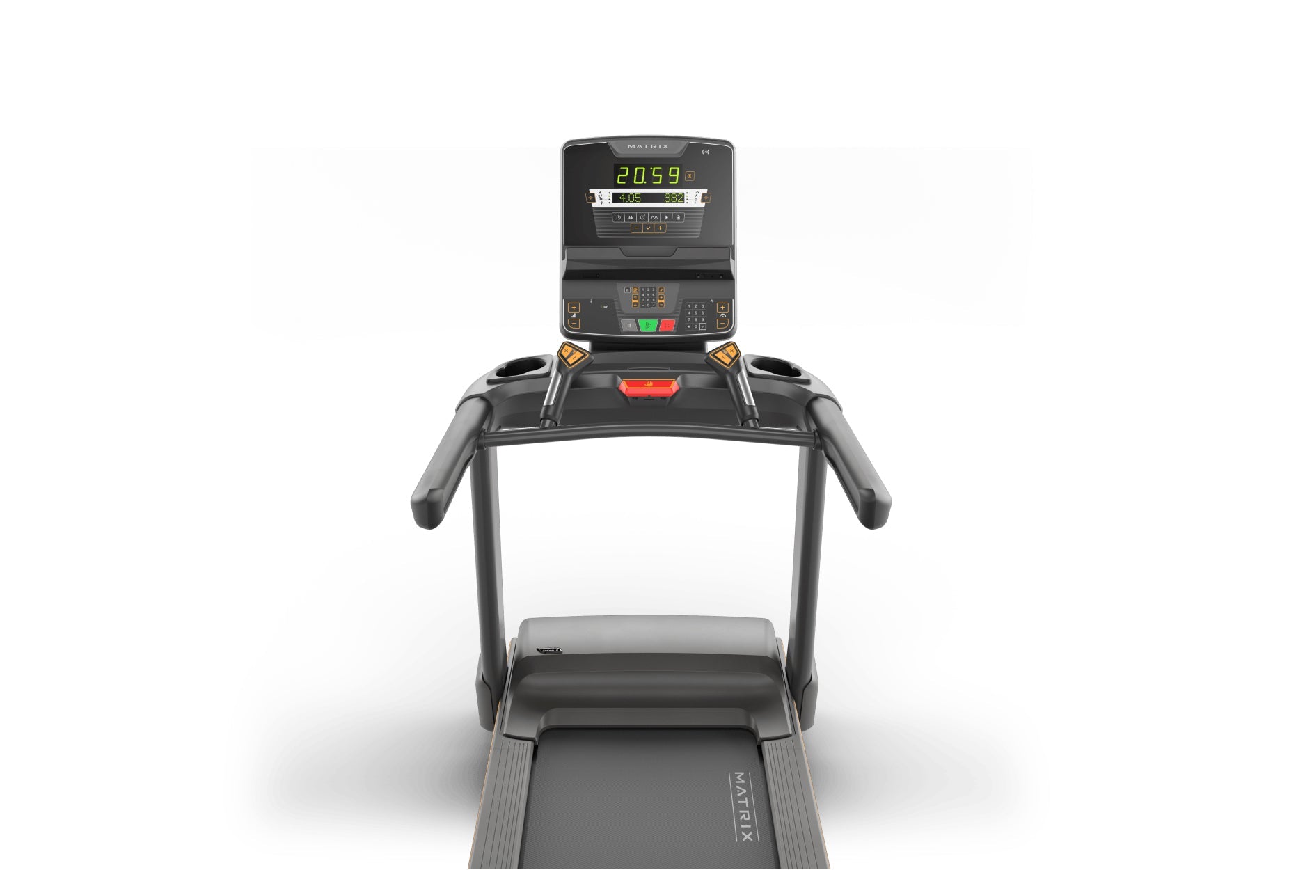 Matrix Lifestyle treadmill with digital console display showing speed and metrics, black frame with gray accents, viewed from