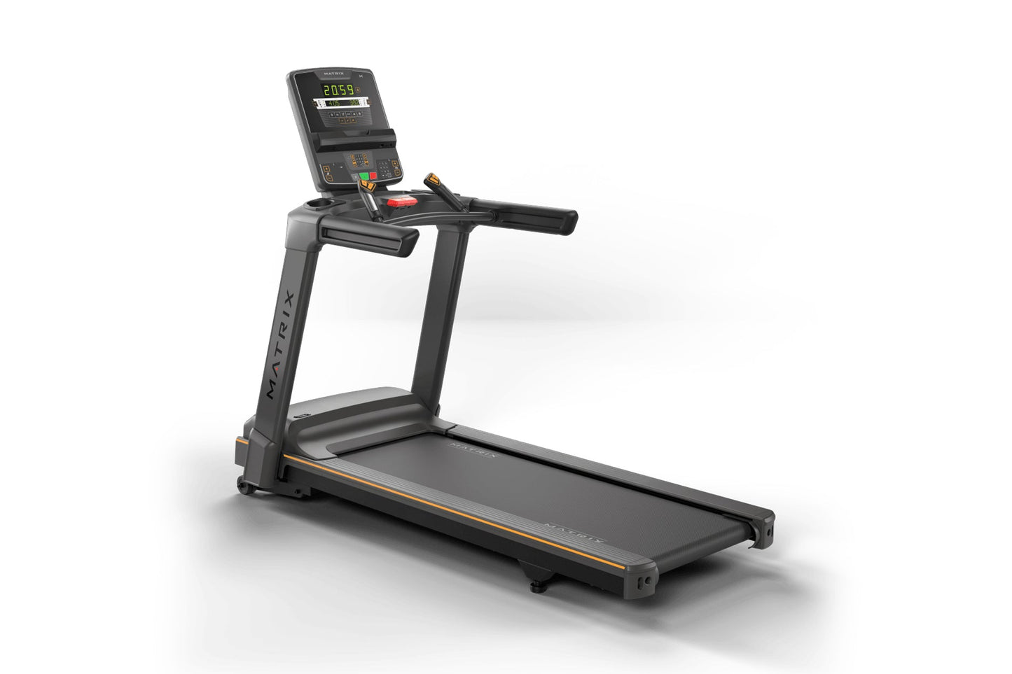 Black Matrix Lifestyle treadmill with digital display console, orange accents, and wide running deck on white background