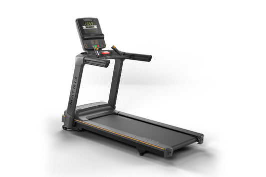 Black Matrix Lifestyle treadmill with digital display console, orange accents, and wide running deck on white background