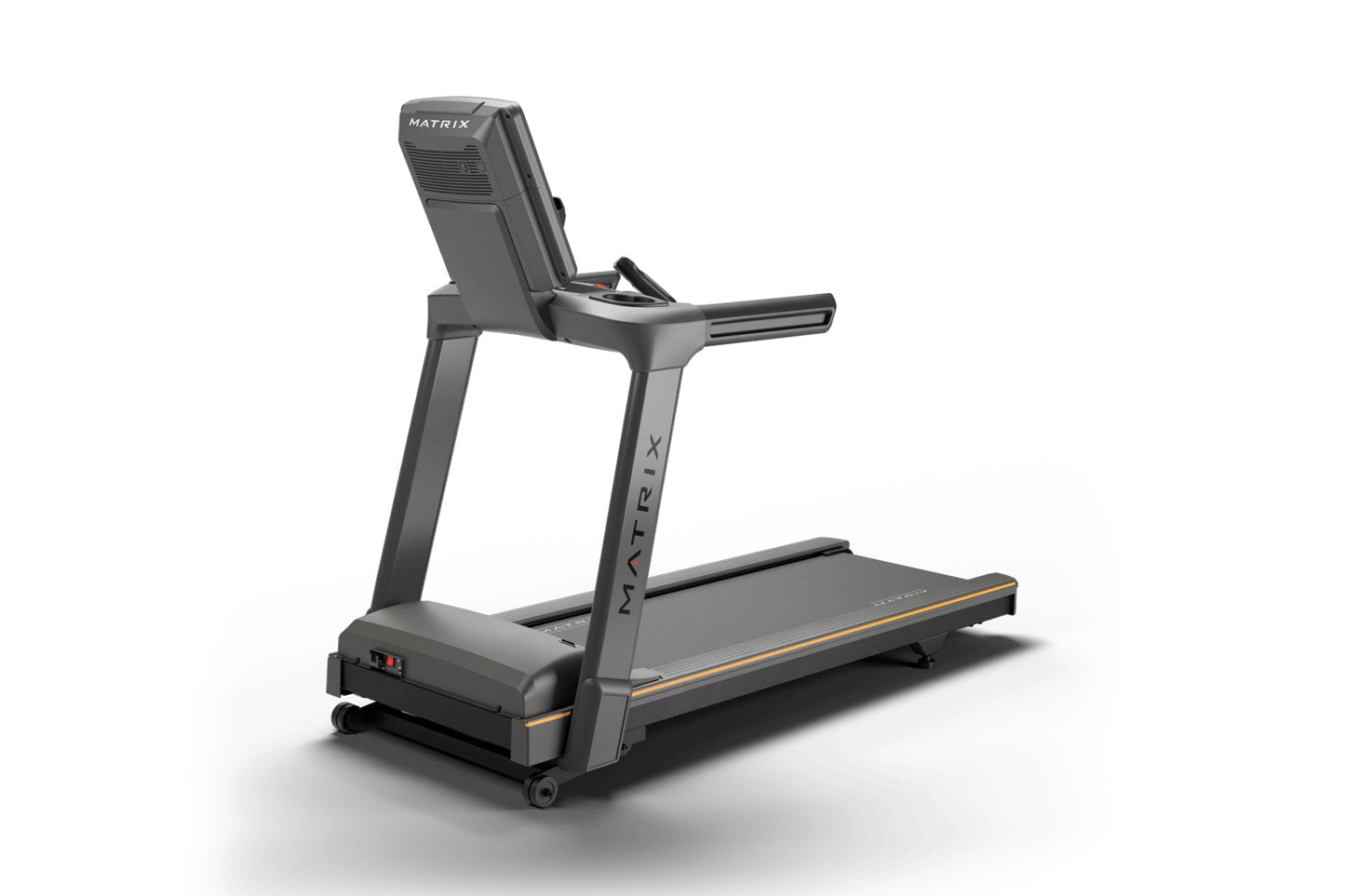 Matrix Lifestyle treadmill with gray frame, black running belt with orange trim, digital console, and handrails on white back
