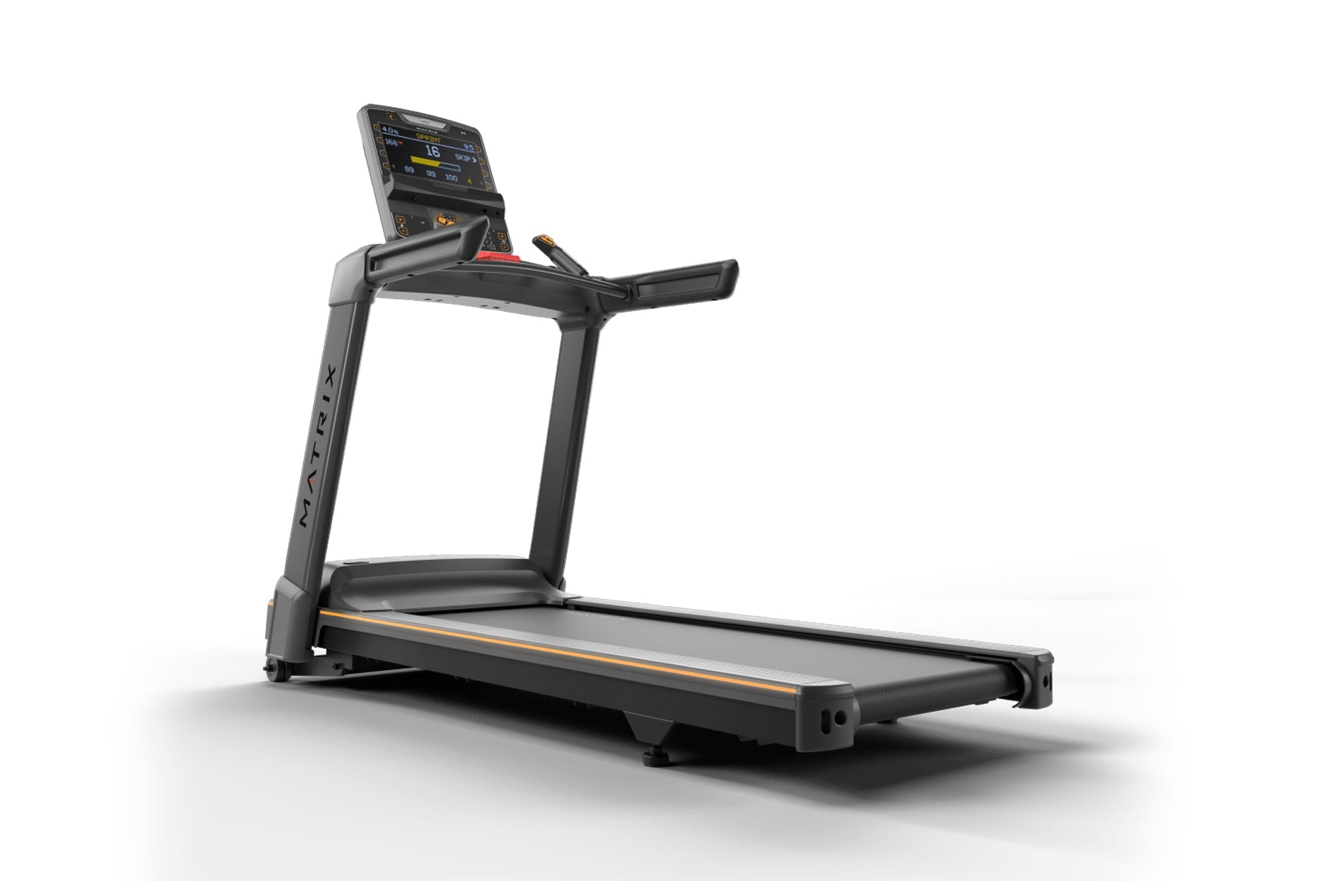 Black Matrix treadmill with digital display console, orange accents, and cushioned running deck on white background