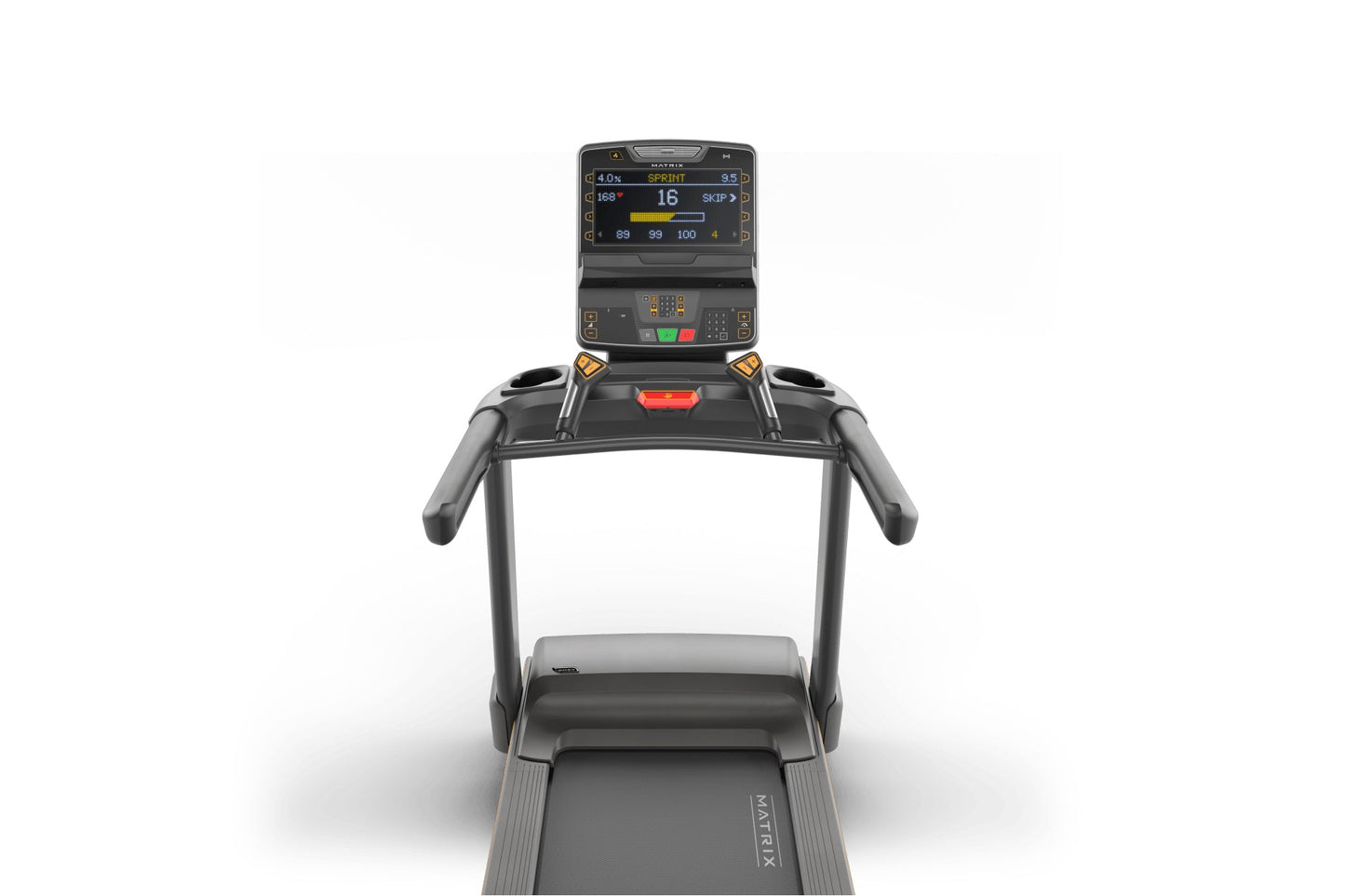 Black Matrix treadmill with digital console display showing workout metrics, handrails, and running belt on white background