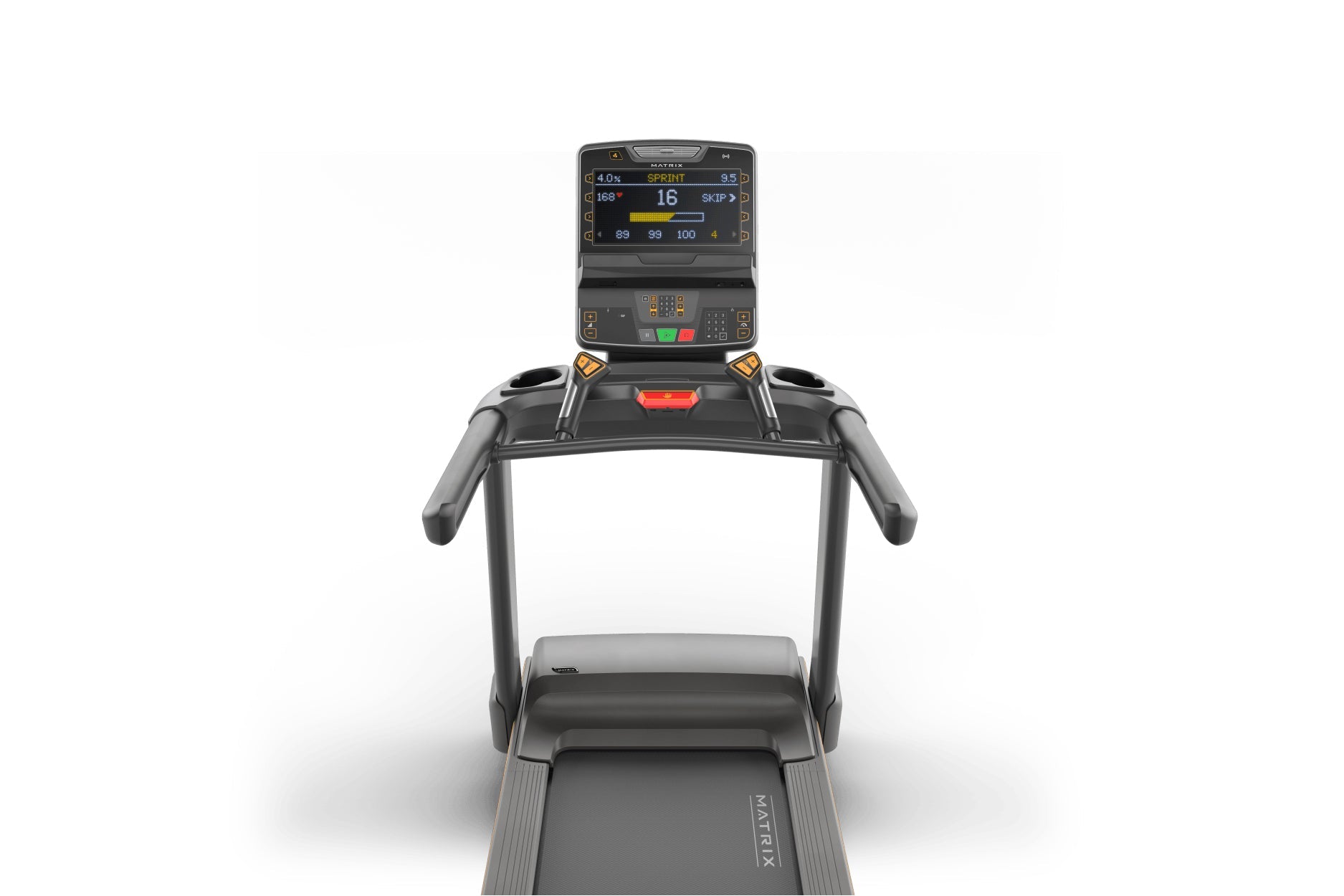 Black Matrix treadmill with digital console display showing workout metrics, handrails, and running belt on white background