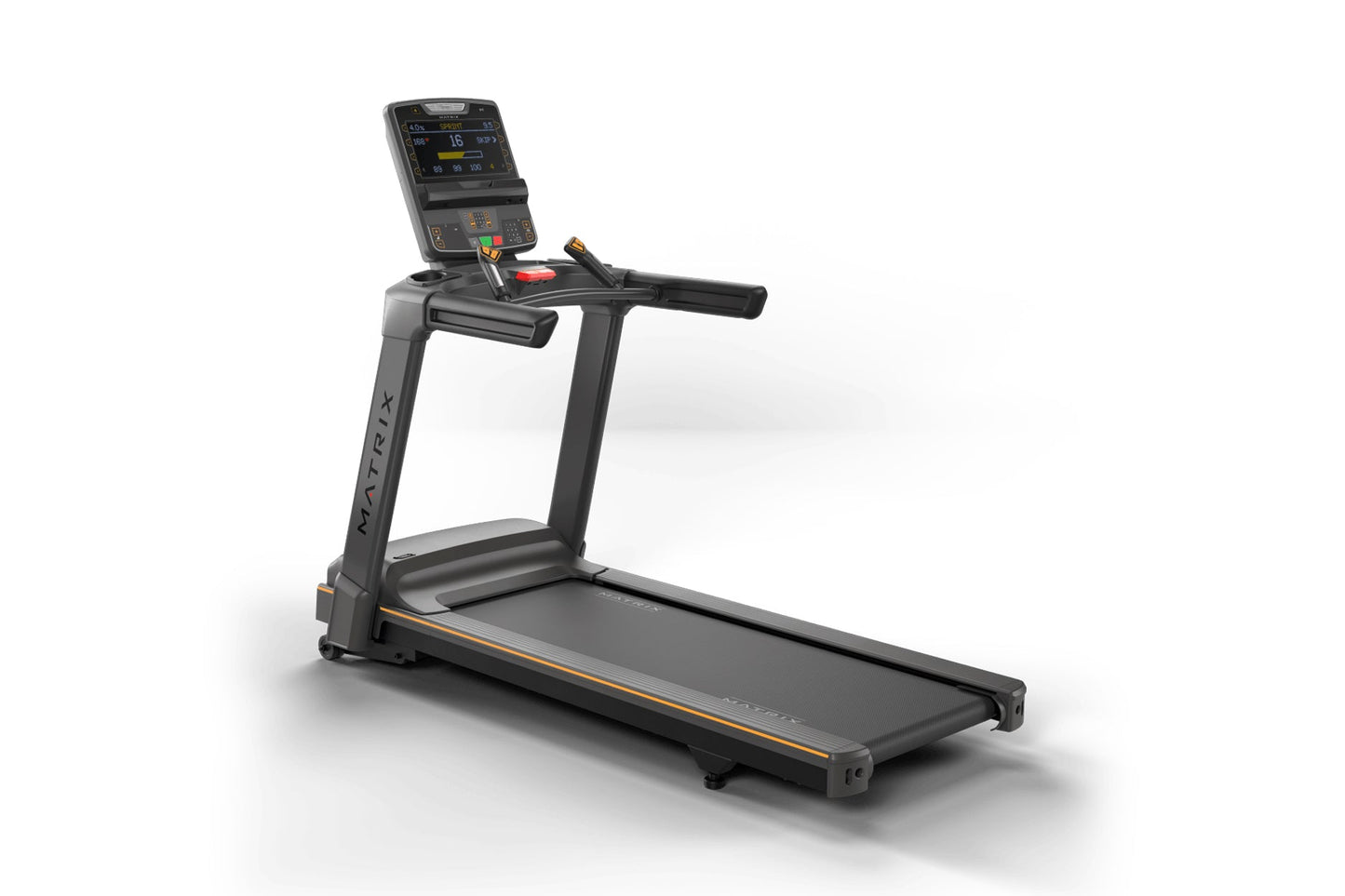 Black and gray motorized treadmill with digital console display, orange accent trim, and handrails, on white background