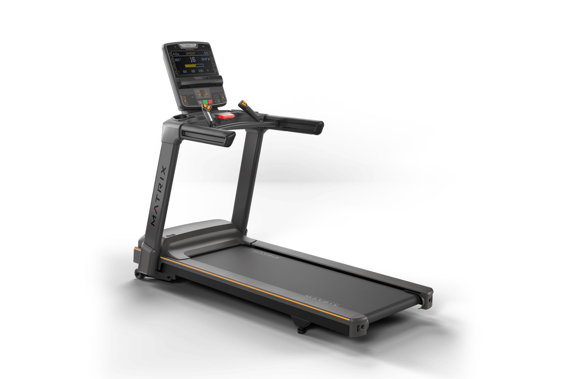 Black and gray motorized treadmill with digital console display, orange accent trim, and handrails, on white background