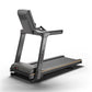 Matrix Lifestyle treadmill with gray frame, digital display console, black running deck with orange accent stripe, and wheels