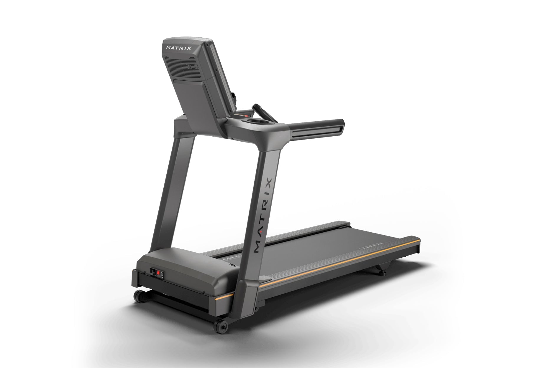 Matrix Lifestyle treadmill with gray frame, digital display console, black running deck with orange accent stripe, and wheels