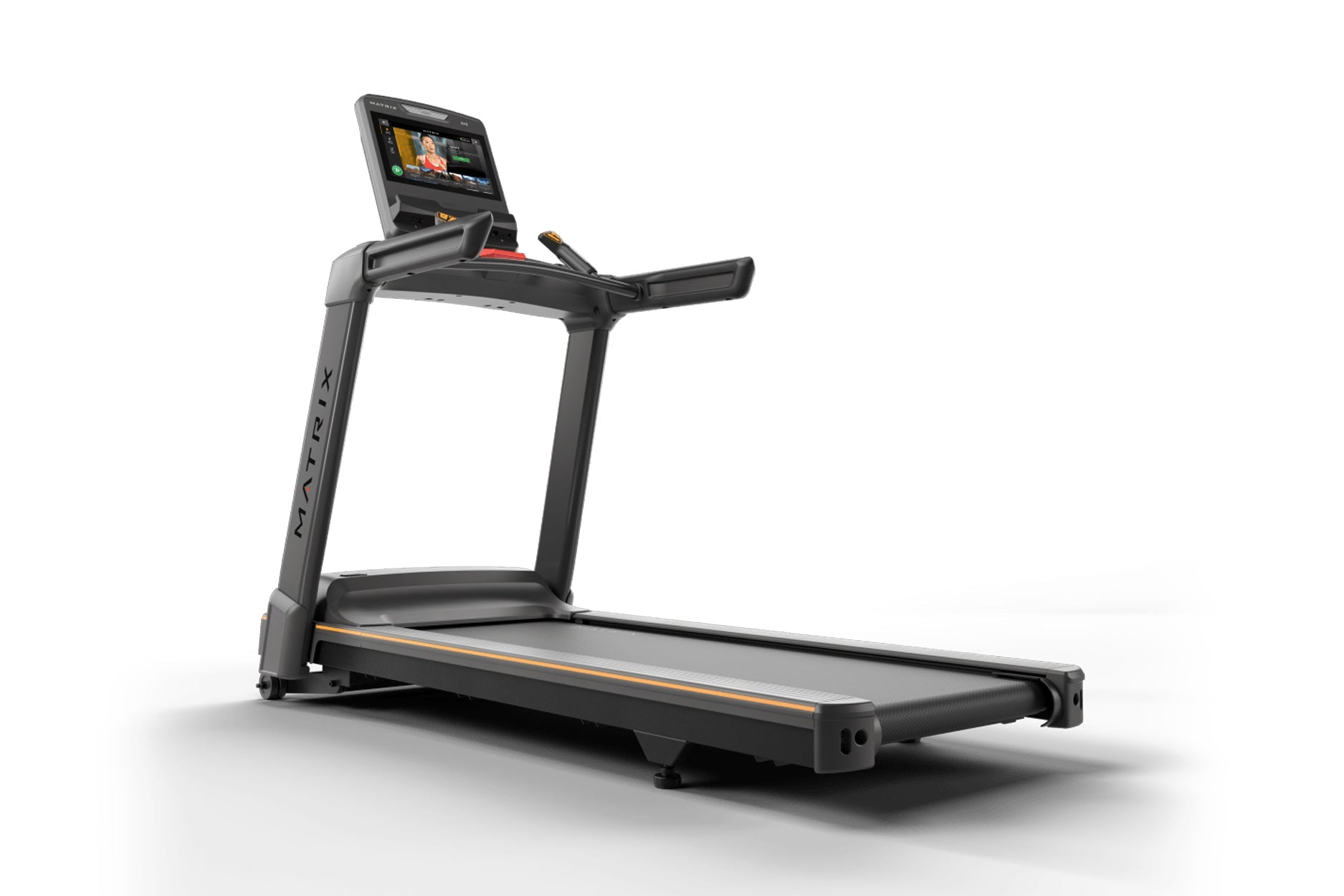 Black Matrix treadmill with integrated touchscreen display, orange accent stripe, and cushioned running deck on white backgro