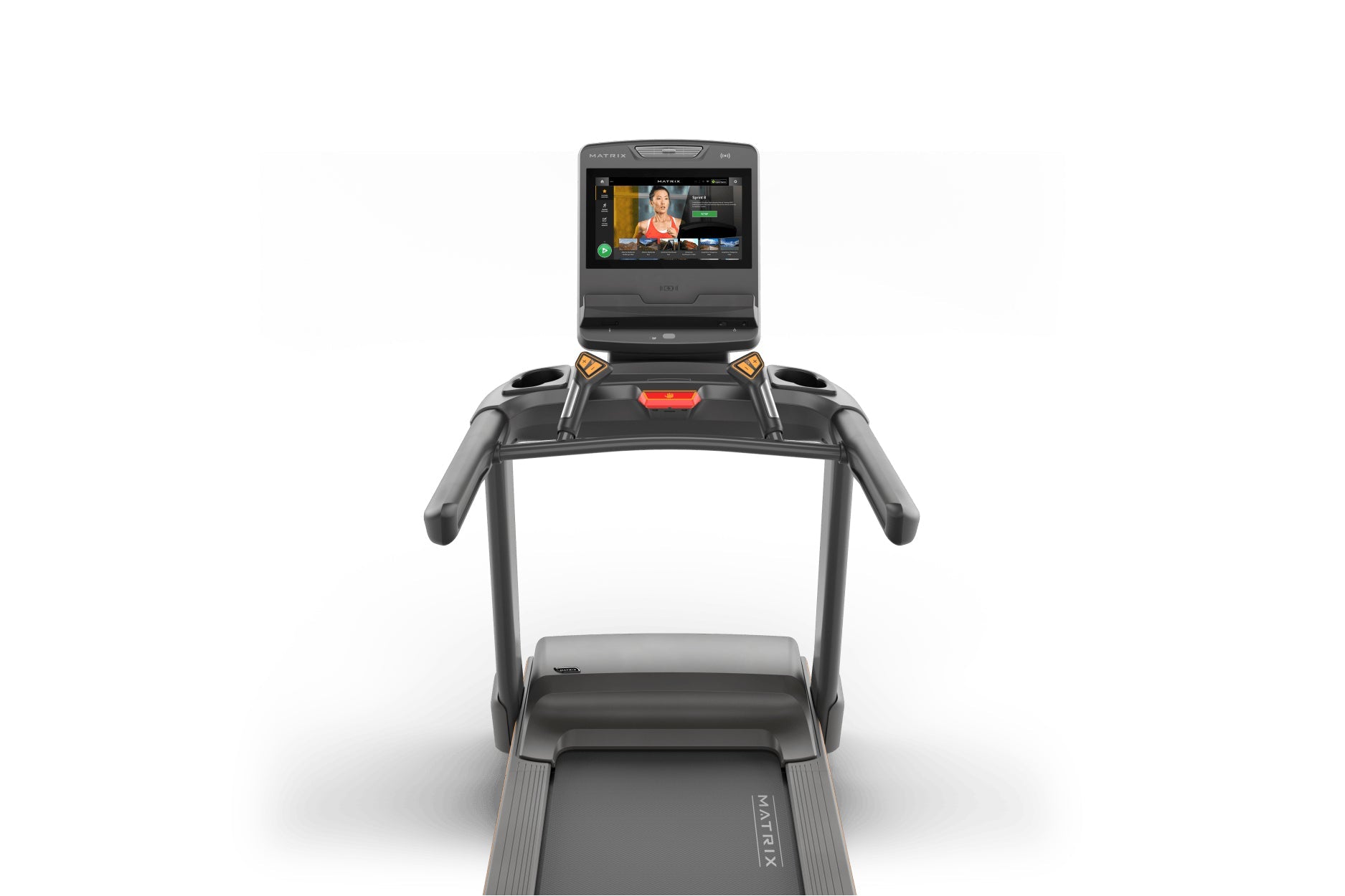 Matrix treadmill with black and gray frame, digital touchscreen console displaying fitness video, and red accent lighting on 