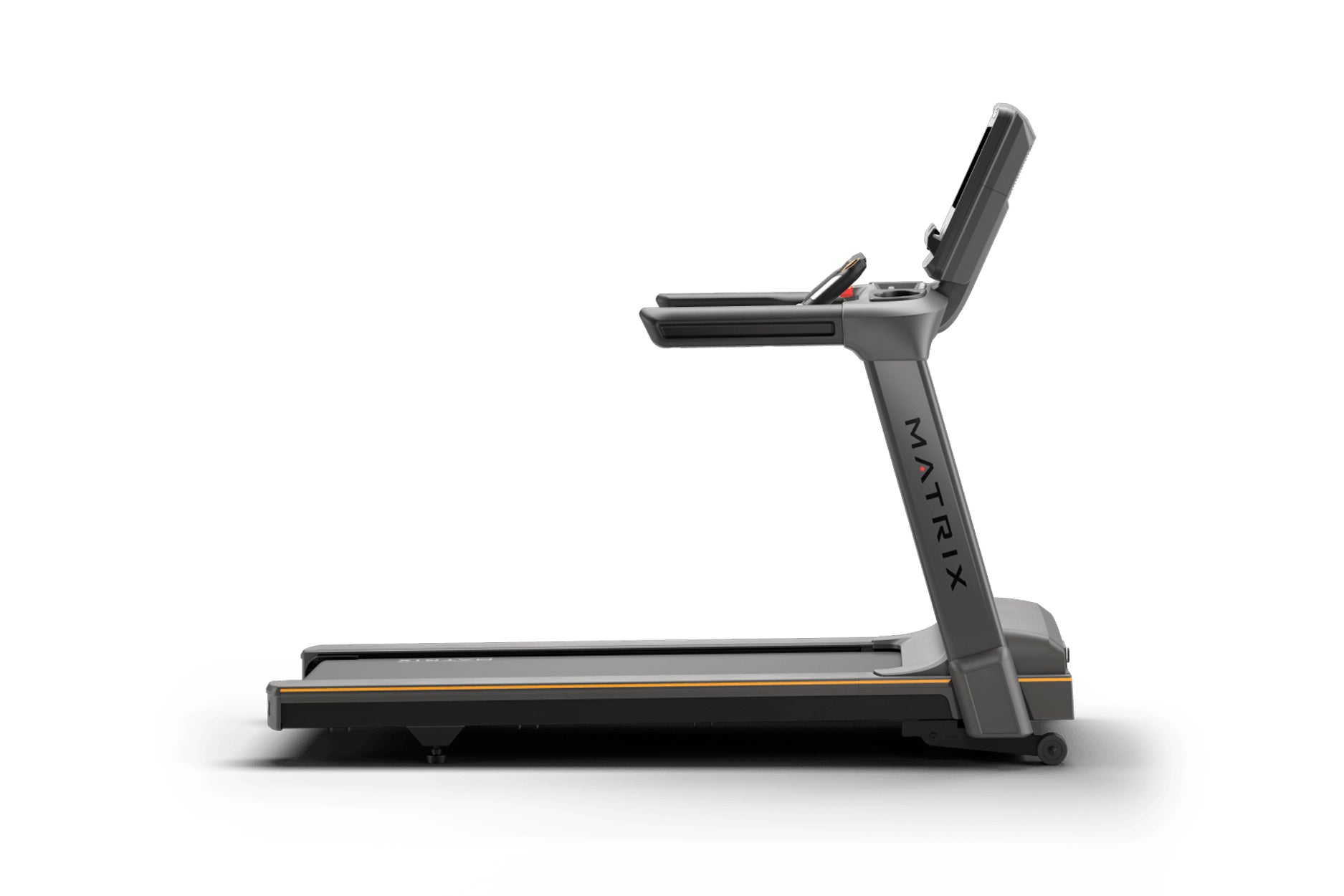 Matrix Lifestyle black treadmill with digital console and orange accents, viewed from side angle on white background