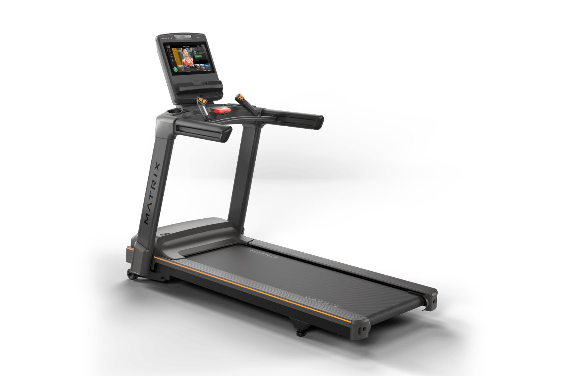 Black Matrix treadmill with orange accents, touchscreen display console, and dual handles on white background