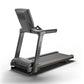 Matrix Lifestyle treadmill with dark gray frame, digital display, running belt with orange trim, and stationary handles on wh
