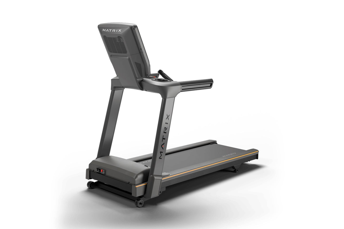 Matrix Lifestyle treadmill with dark gray frame, digital display, running belt with orange trim, and stationary handles on wh