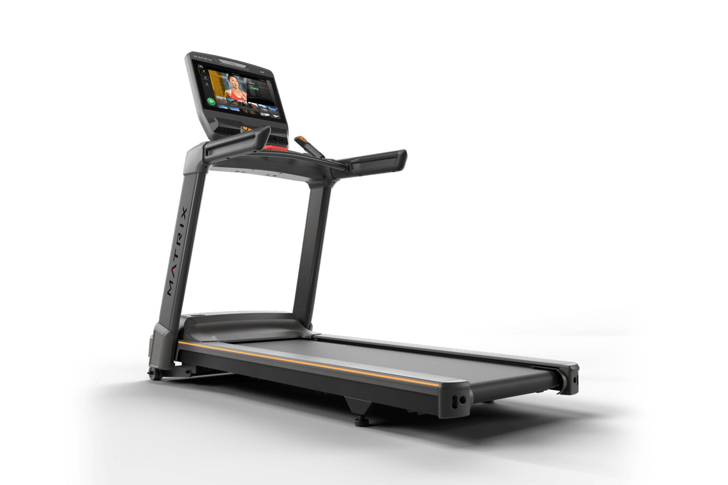 Black Matrix treadmill with orange accent stripe, digital touchscreen display mounted on angled console, handrails on sides, 