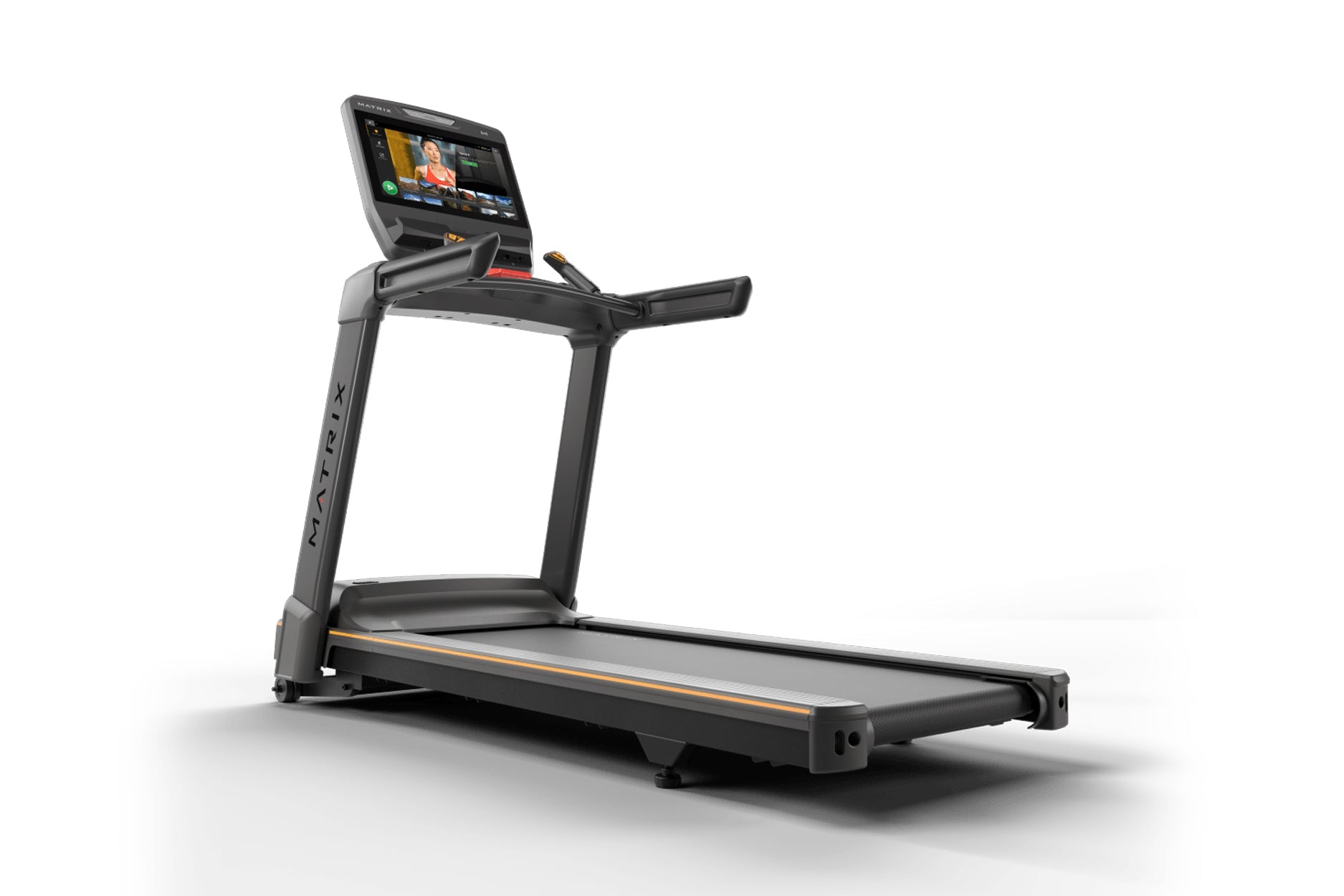 Black Matrix treadmill with orange accent stripe, digital touchscreen display mounted on angled console, handrails on sides, 