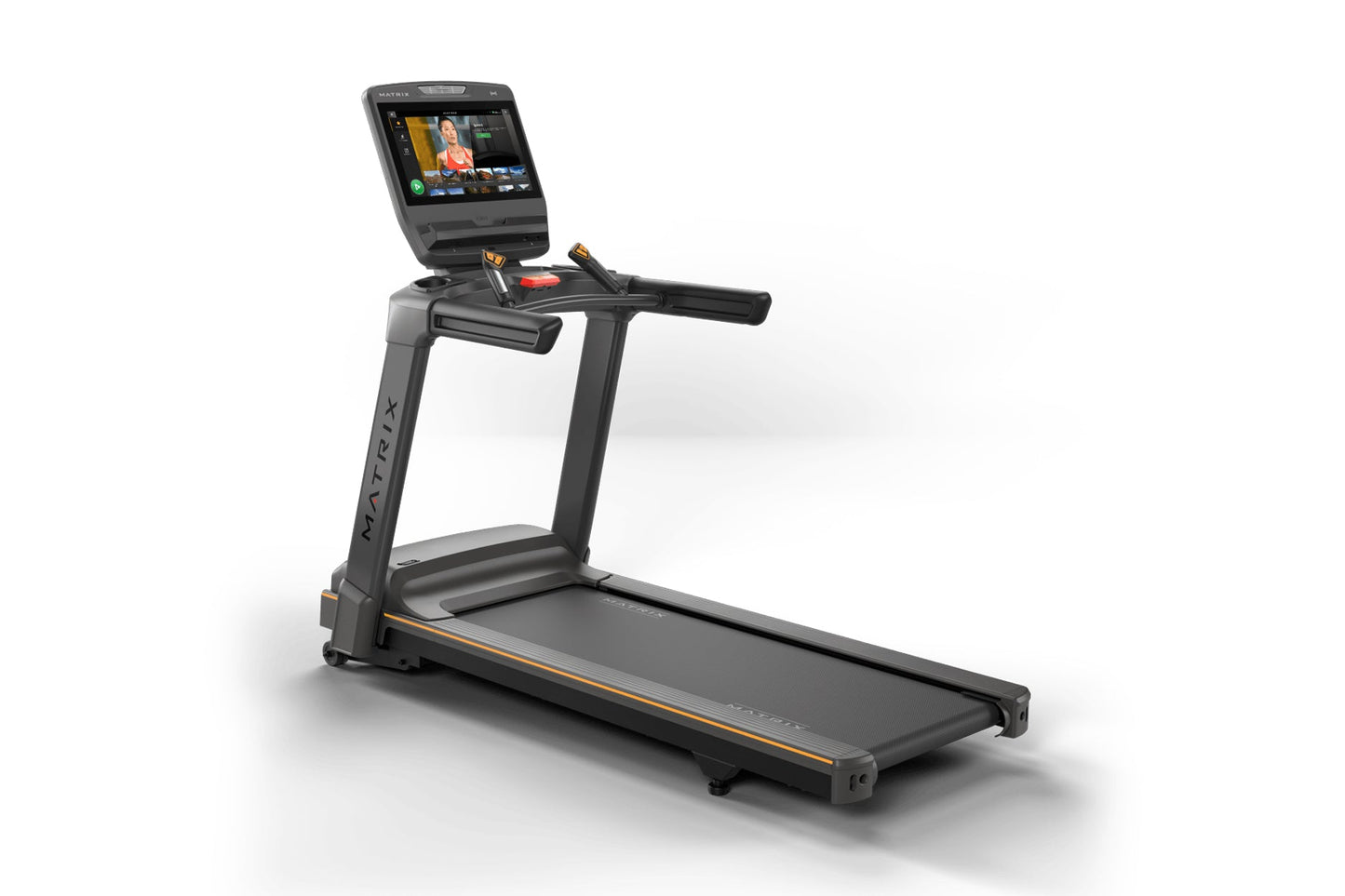 Black Matrix treadmill with gray running deck, gold accents, and digital touchscreen display mounted on uprights showing vide