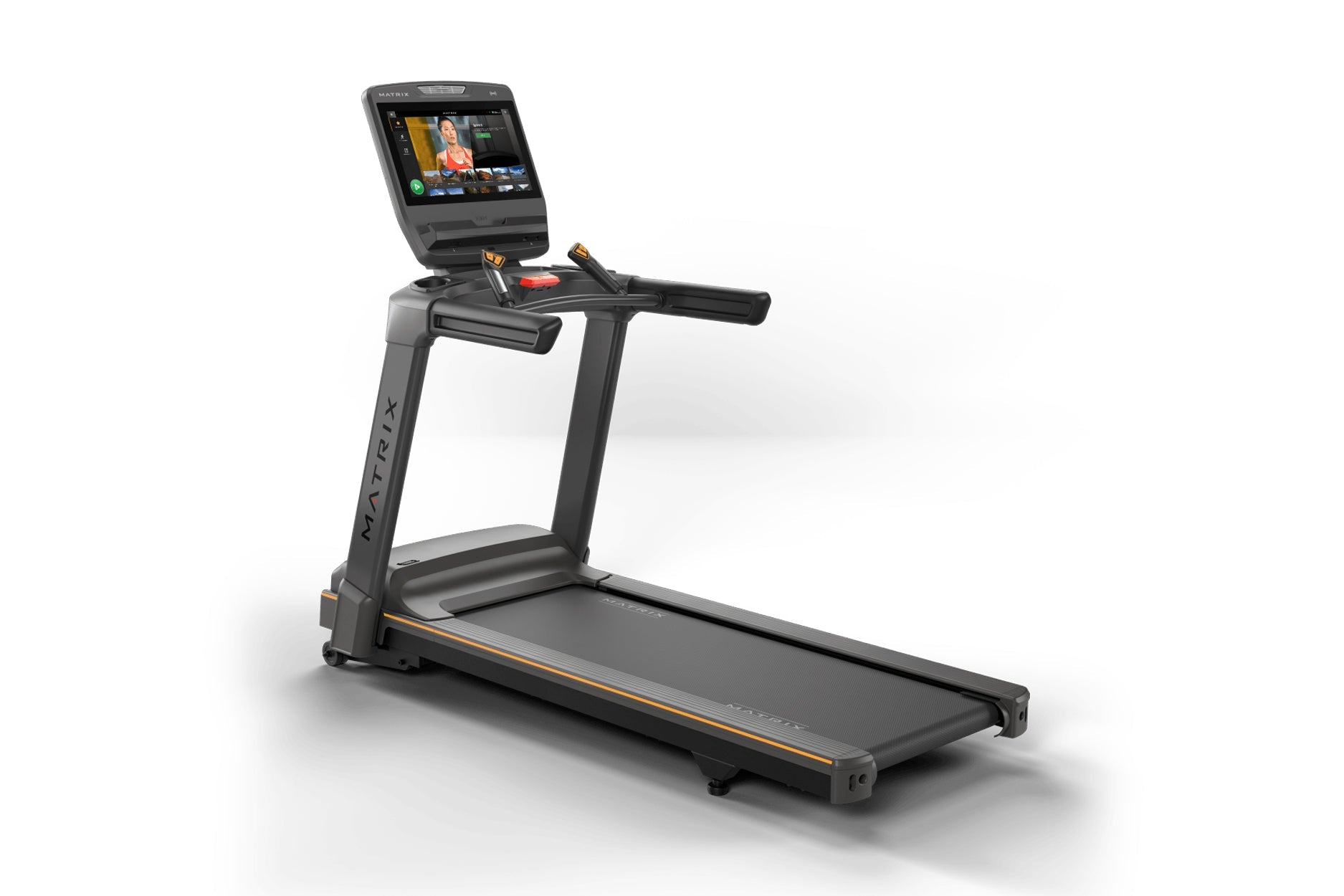 Black Matrix treadmill with gray running deck, gold accents, and digital touchscreen display mounted on uprights showing vide