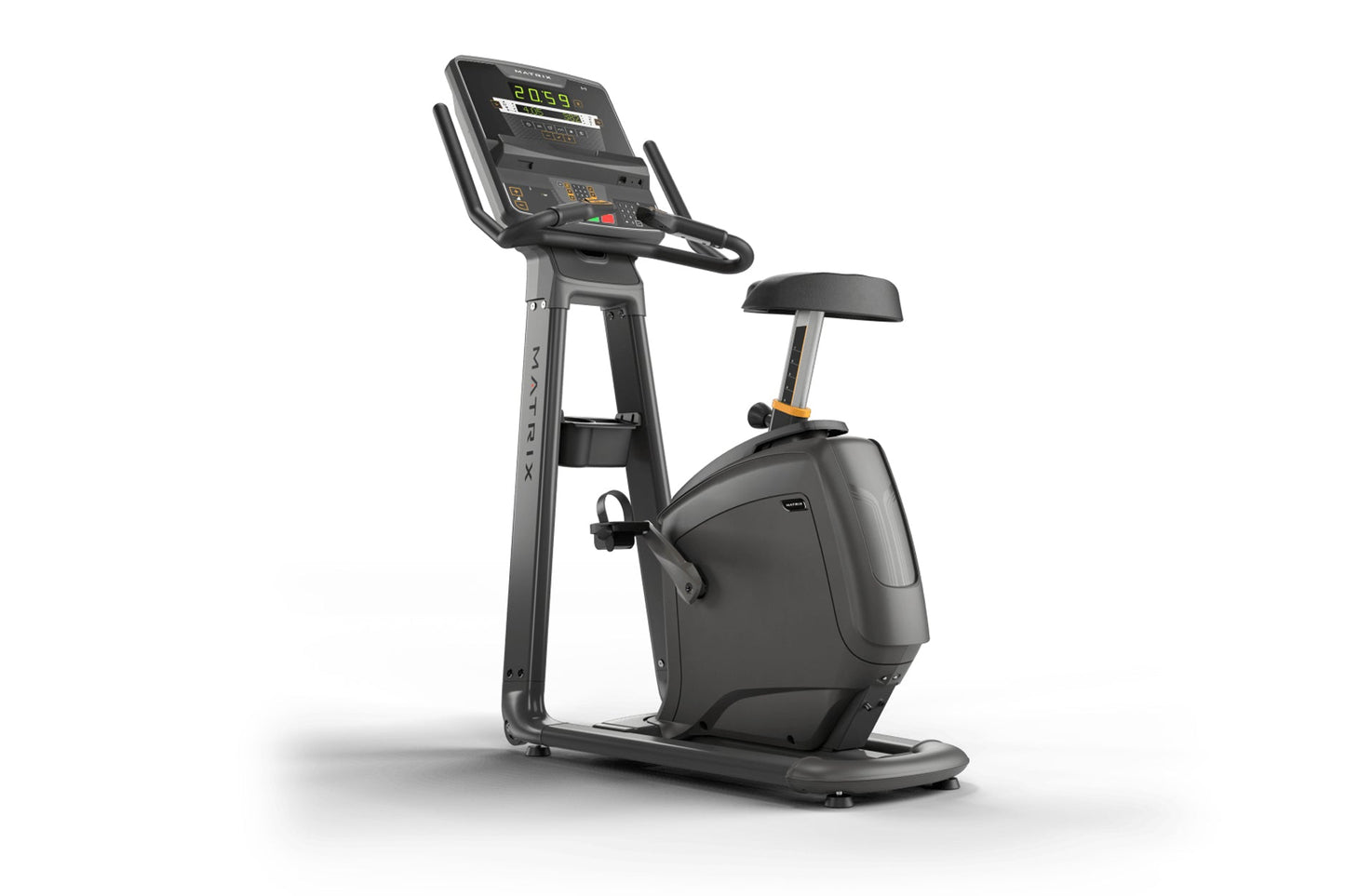 Black upright stationary exercise bike with digital display console, handlebars, padded seat, and stabilized base on white ba