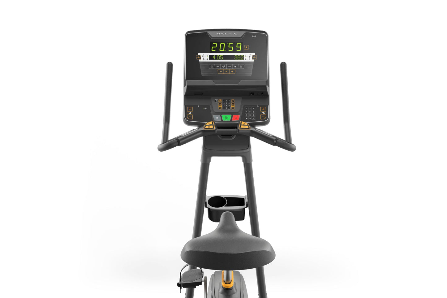 Matrix upright exercise bike with black frame, digital display showing 2059 calories, dual handlebars, padded seat, and gold 
