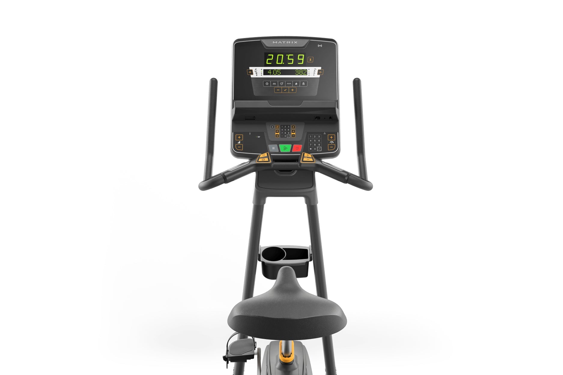 Matrix upright exercise bike with black frame, digital display showing 2059 calories, dual handlebars, padded seat, and gold 