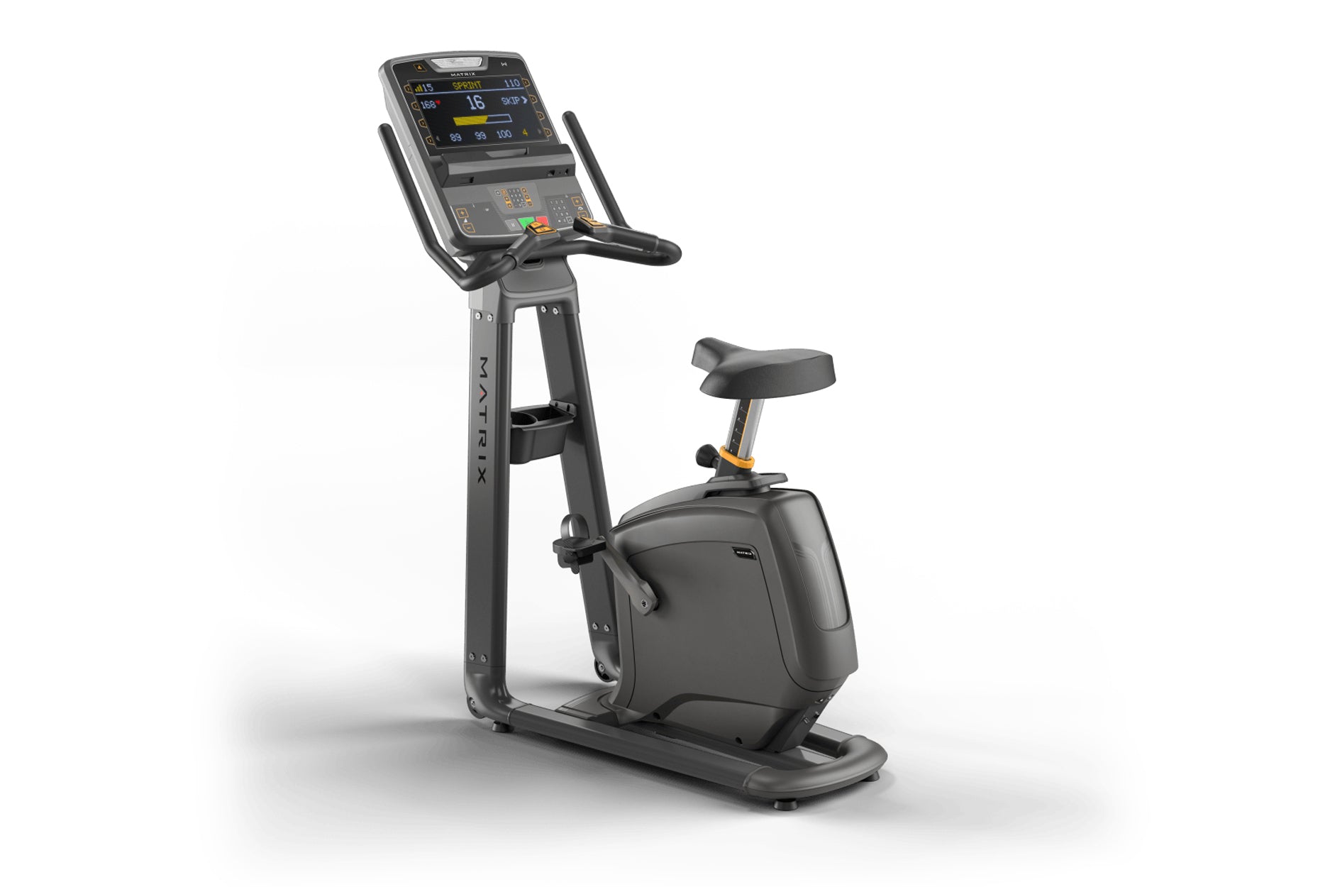 Matrix Lifestyle upright exercise bike with digital console display, black frame, padded seat, and handlebar grips on white b