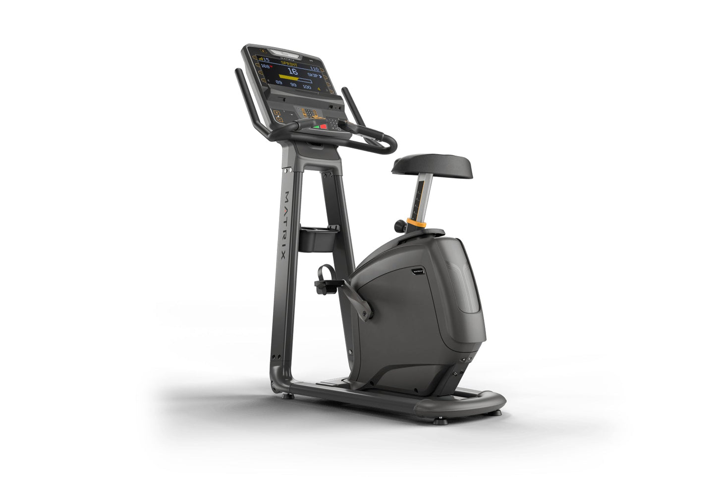Black upright stationary exercise bike with digital display console, handlebars, padded seat, and metal frame on white backgr