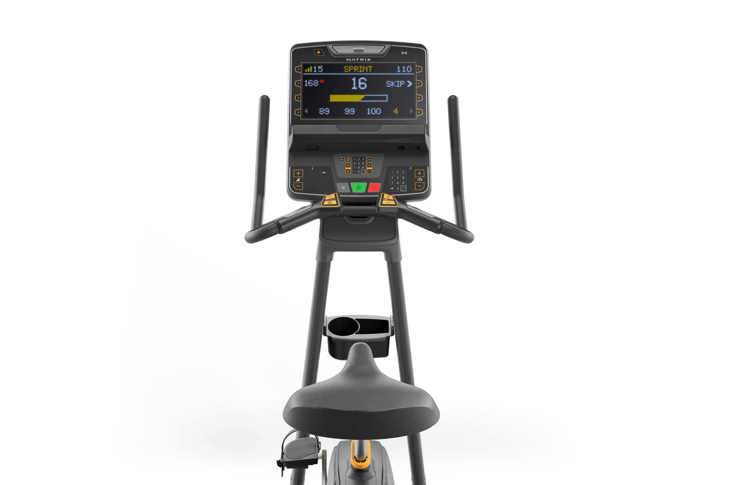 Black upright exercise bike with digital console displaying sprint metrics, dual handles, and gray padded seat on white backg