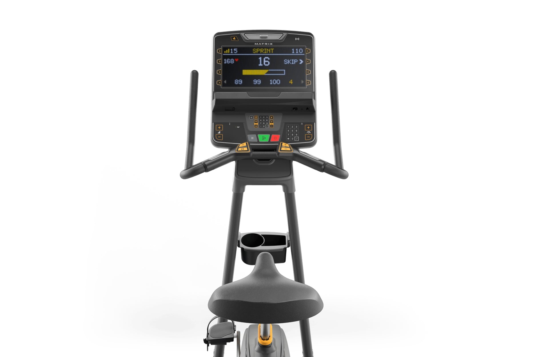 Black upright exercise bike with digital console displaying sprint metrics, dual handles, and gray padded seat on white backg