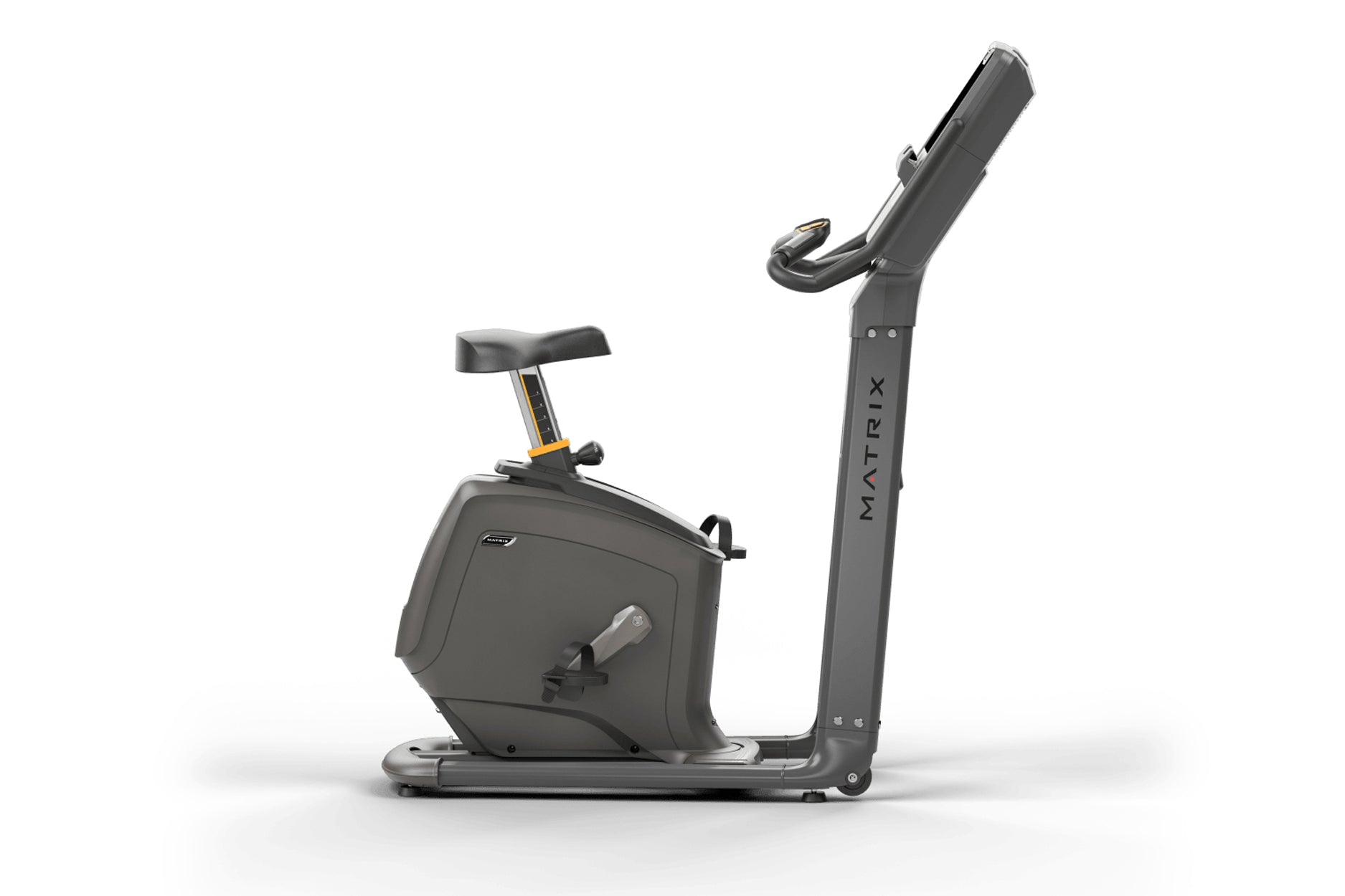 Matrix Lifestyle upright exercise bike with black frame, padded seat, and vertical handlebar display on white background