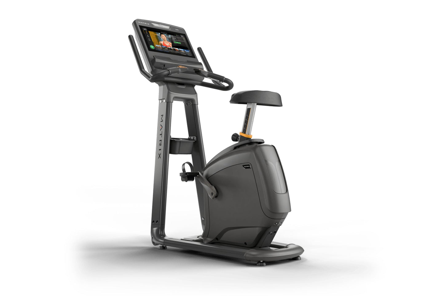 Matrix Lifestyle upright exercise bike with touchscreen display, black seat, handlebars, and gray frame on white background