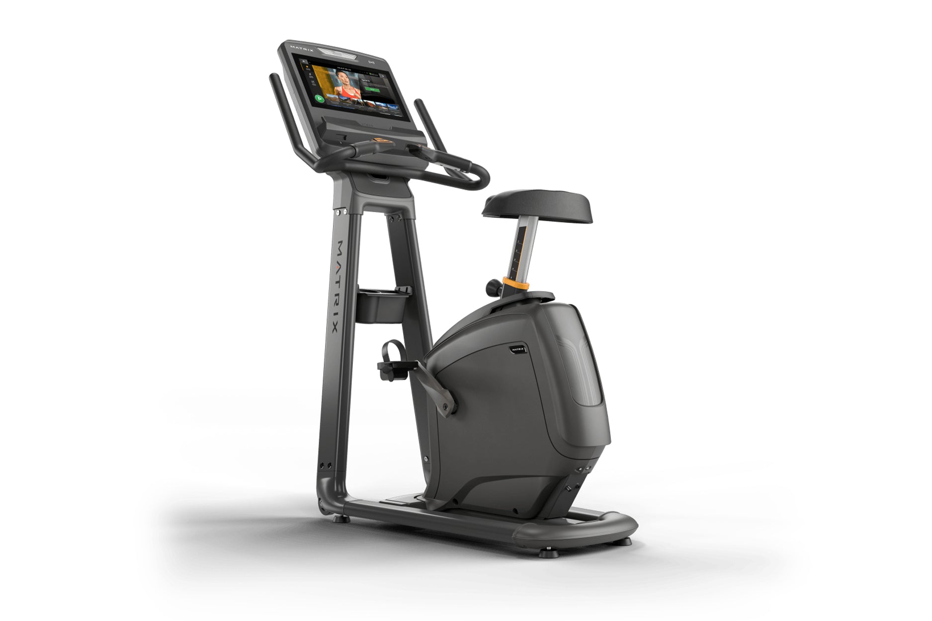 Matrix Lifestyle upright exercise bike with touchscreen display, black seat, handlebars, and gray frame on white background