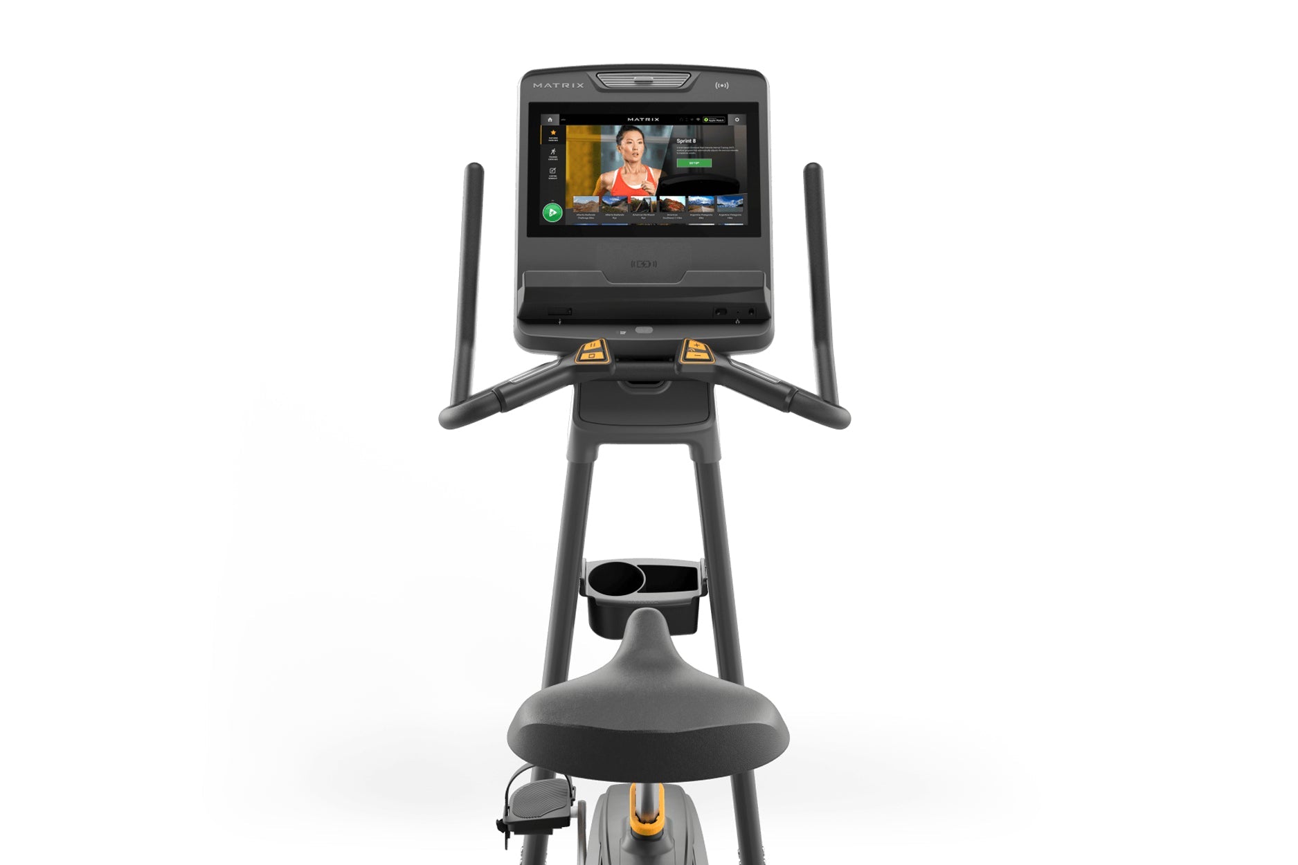 Matrix black upright exercise bike with touchscreen console displaying fitness class, dual handles, and pedals on white backg