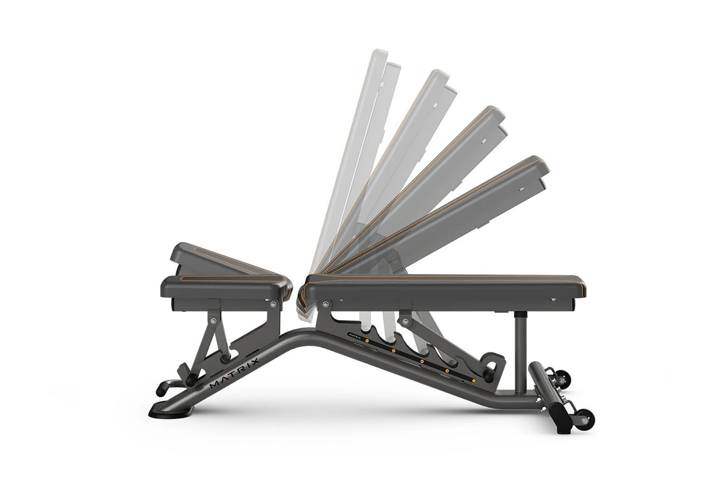 Matrix multi-adjustable weight bench with black frame and gray padded seat, backrest angled upright, shown on white backgroun