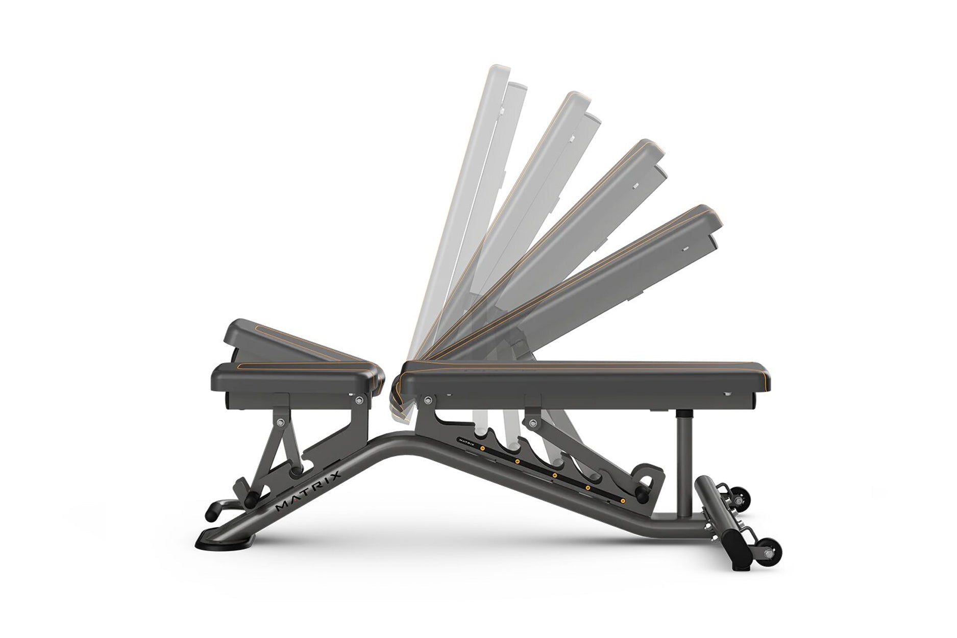Matrix multi-adjustable weight bench with black frame and gray padded seat, backrest angled upright, shown on white backgroun