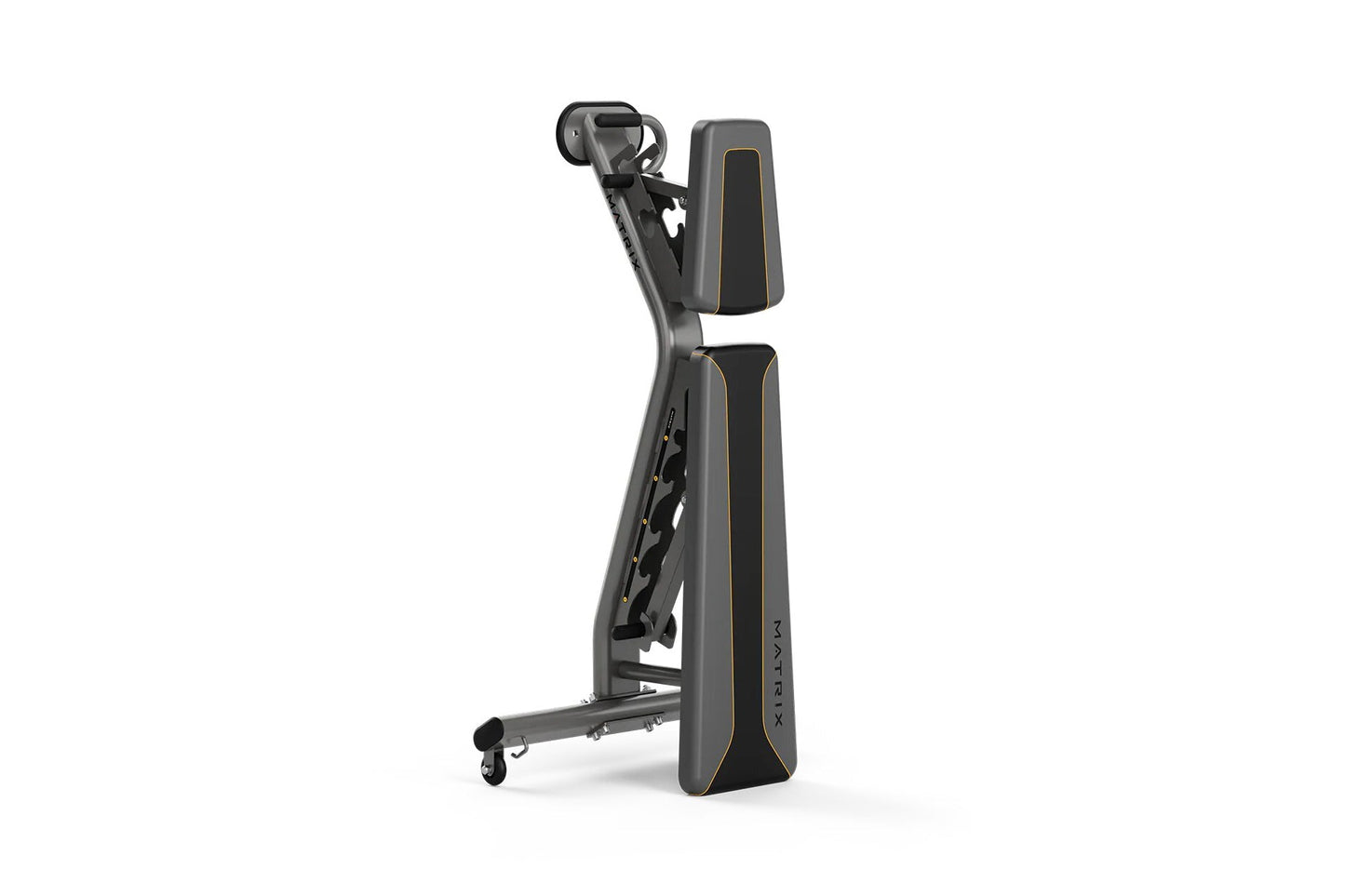Matrix multi-adjustable weight bench in black with gold accents, featuring padded seat and back, on white background
