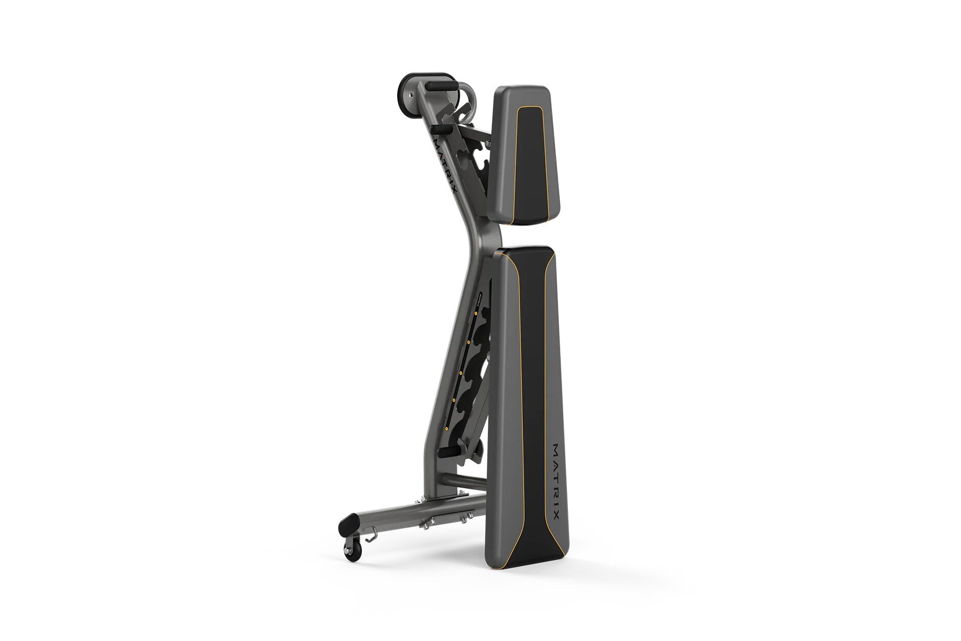 Matrix multi-adjustable weight bench in black with gold accents, featuring padded seat and back, on white background