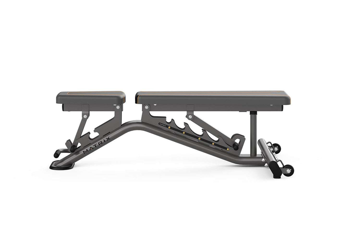 Matrix multi-adjustable weight bench with gray frame, padded seat and backrest, adjustable leg extension, on white background