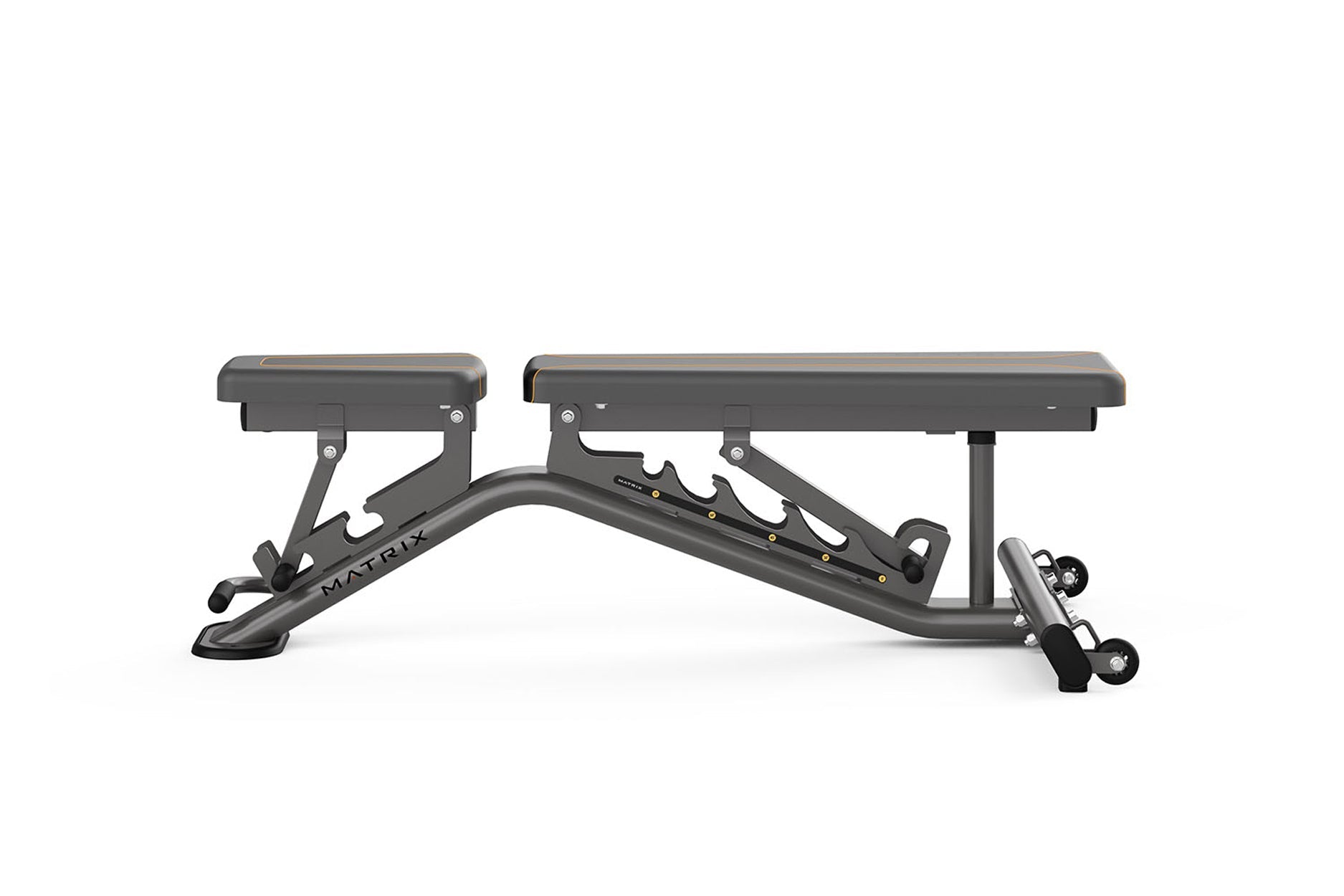 Matrix multi-adjustable weight bench with gray frame, padded seat and backrest, adjustable leg extension, on white background