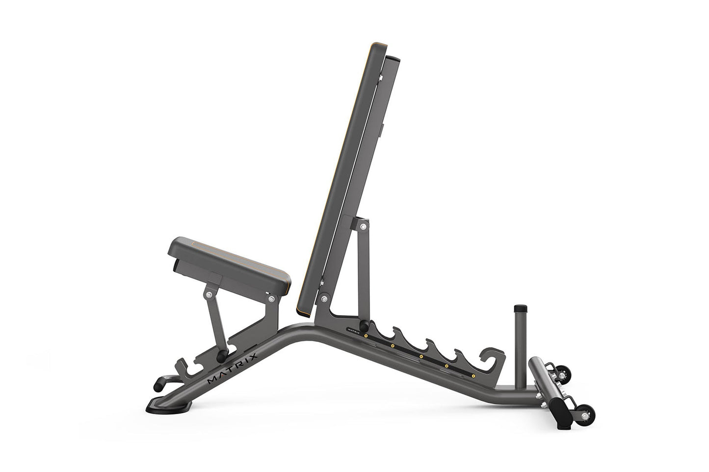 Matrix multi-adjustable weight bench with dark gray frame, padded seat and backrest, adjustable incline position, and leg ext
