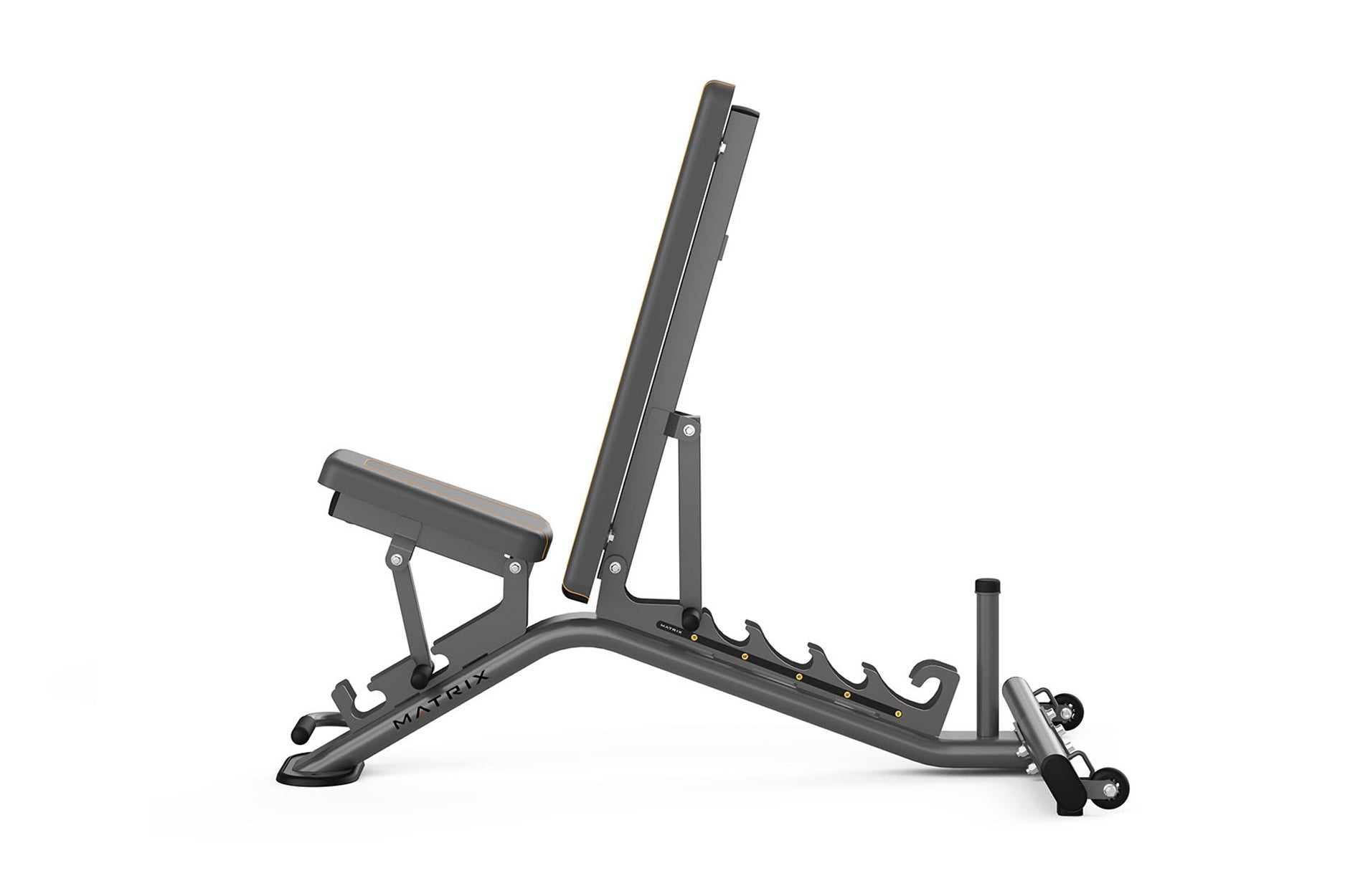 Matrix multi-adjustable weight bench with dark gray frame, padded seat and backrest, adjustable incline position, and leg ext