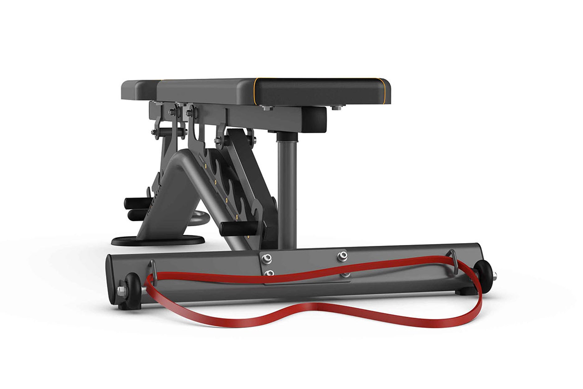 Matrix multi-adjustable weight bench with black padded seat and back, gray metal frame, red resistance bands, and gold-trimme