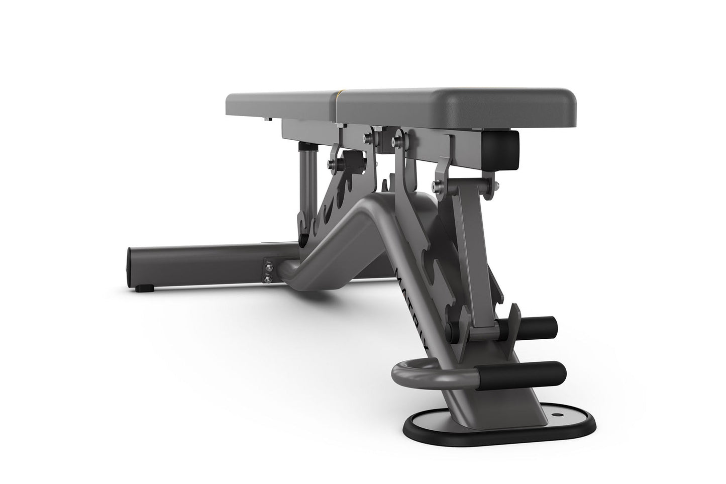 Matrix multi-adjustable weight bench with gray and black frame, padded seat, adjustable backrest, and leg extension attachmen