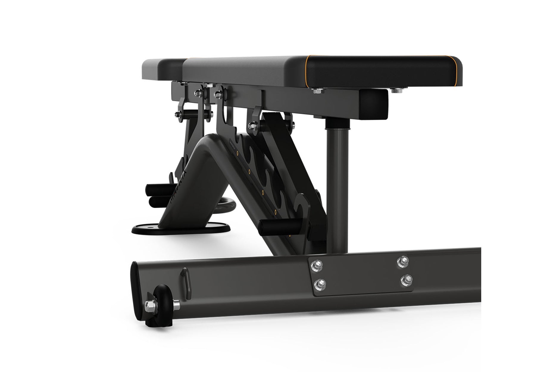 Black and gray multi-adjustable weight bench with padded seat and backrest, adjustable leg extension, and metal base on white