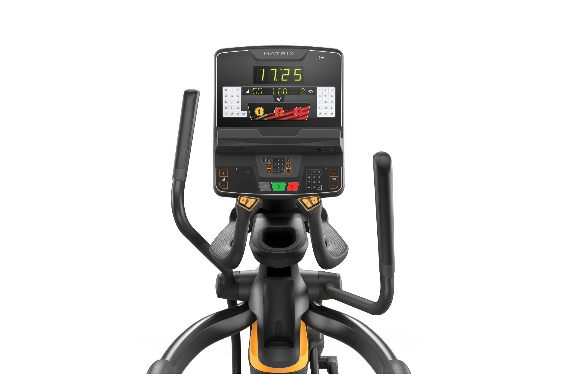 Matrix Performance Ascent Elliptical Trainer with black frame, orange accents, digital console displaying time and metrics, d