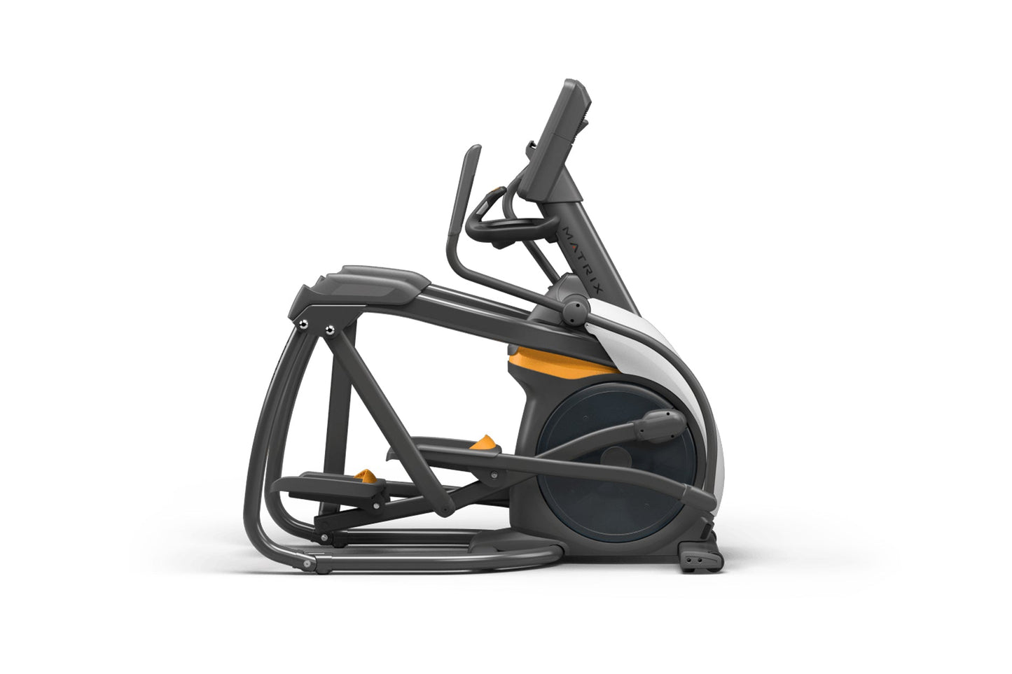 Black and gray elliptical trainer with orange accents, adjustable handles, and large pedal footplate on white background