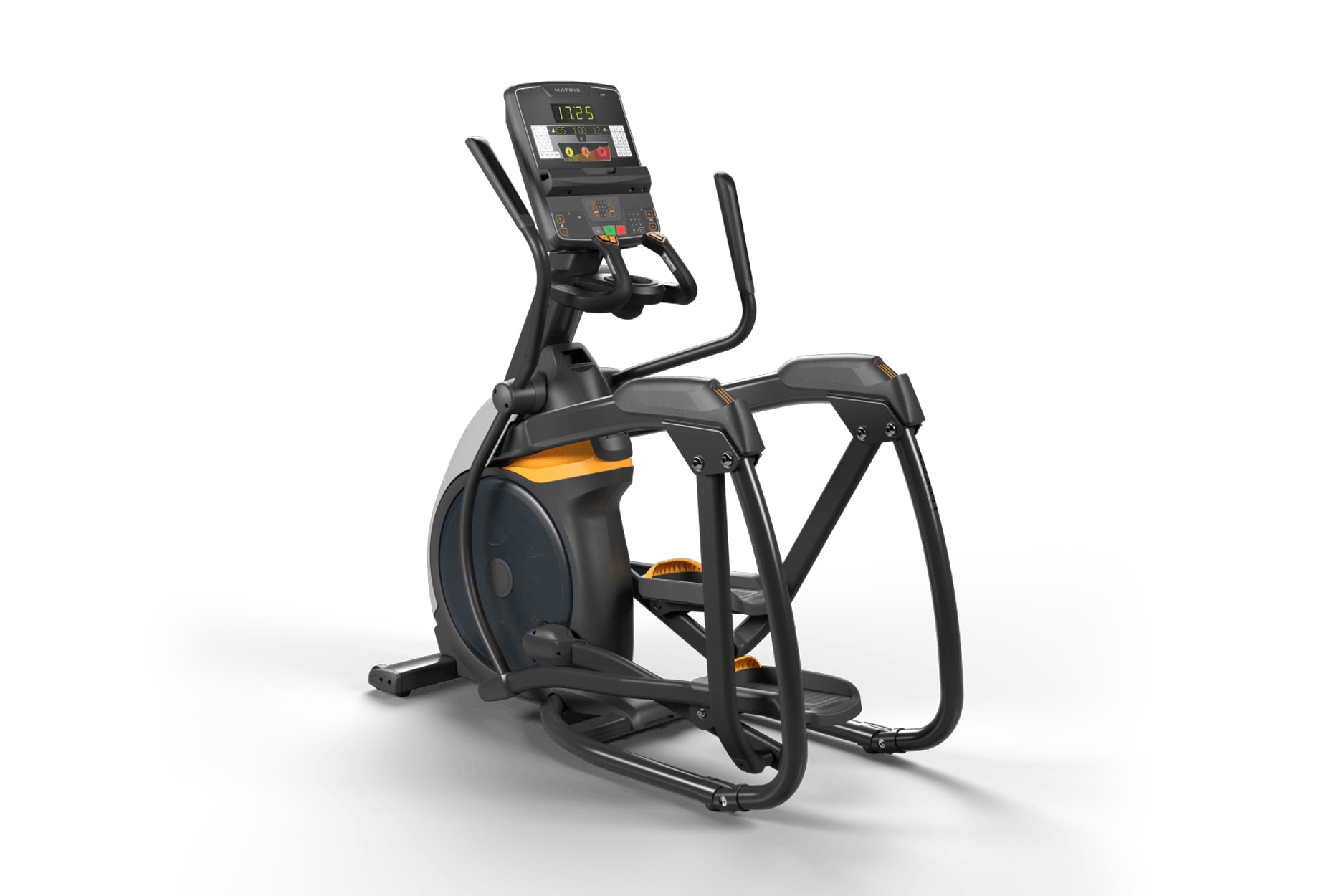 Black and orange elliptical trainer with digital console displaying time and metrics, featuring curved handles and foot pedal